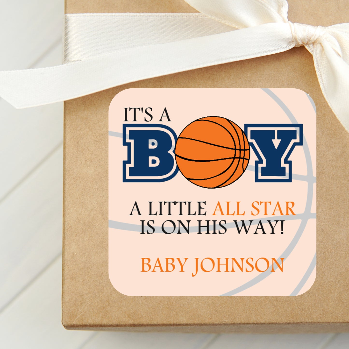 Basketball Theme Baby Shower PRINTED 2" Square or Round Favor LABELS | Boy's All Star MVP Sports Baby Shower Stickers for Favors [1001]