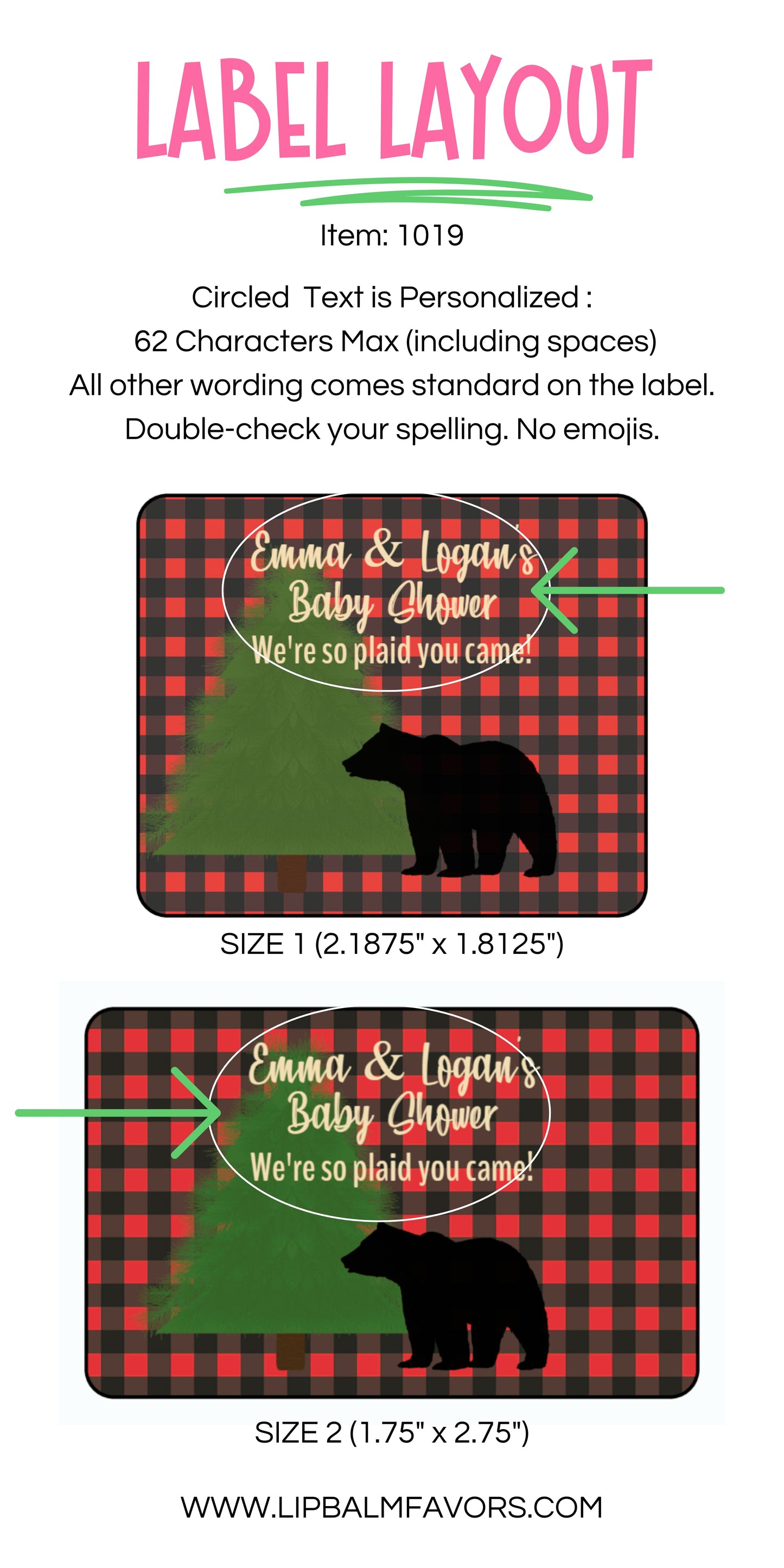 Rustic Baby Shower Favors Personalized PRINTED Lip Balm LABELS | Buffalo Plaid Theme | Bear Silhouette Baby Shower Favors Label [1019]