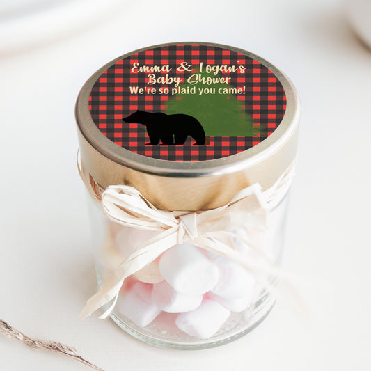 Rustic Baby Shower Labels PRINTED 2" Square or Round Favor LABELS | Bear Silhouette | Buffalo Plaid Baby Shower Theme [1019]