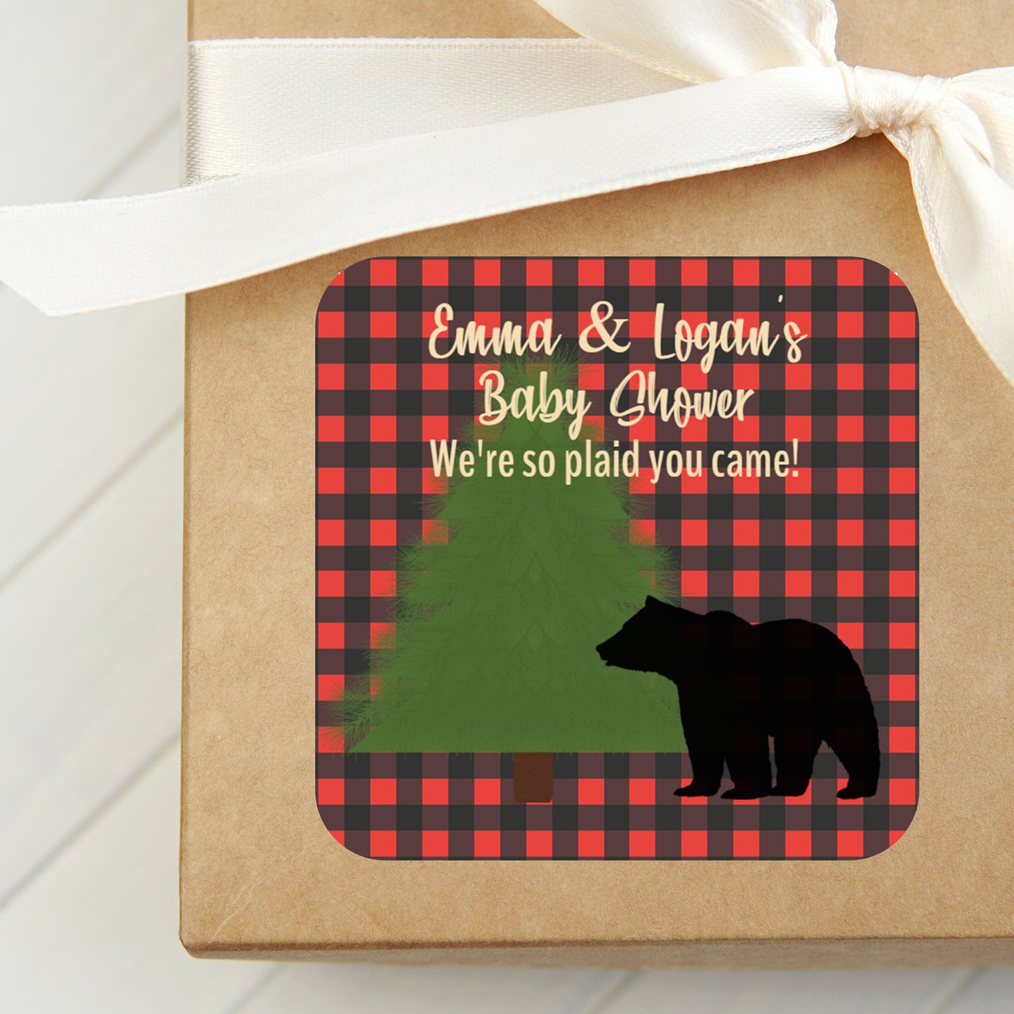 Rustic Baby Shower Labels PRINTED 2" Square or Round Favor LABELS | Bear Silhouette | Buffalo Plaid Baby Shower Theme [1019]