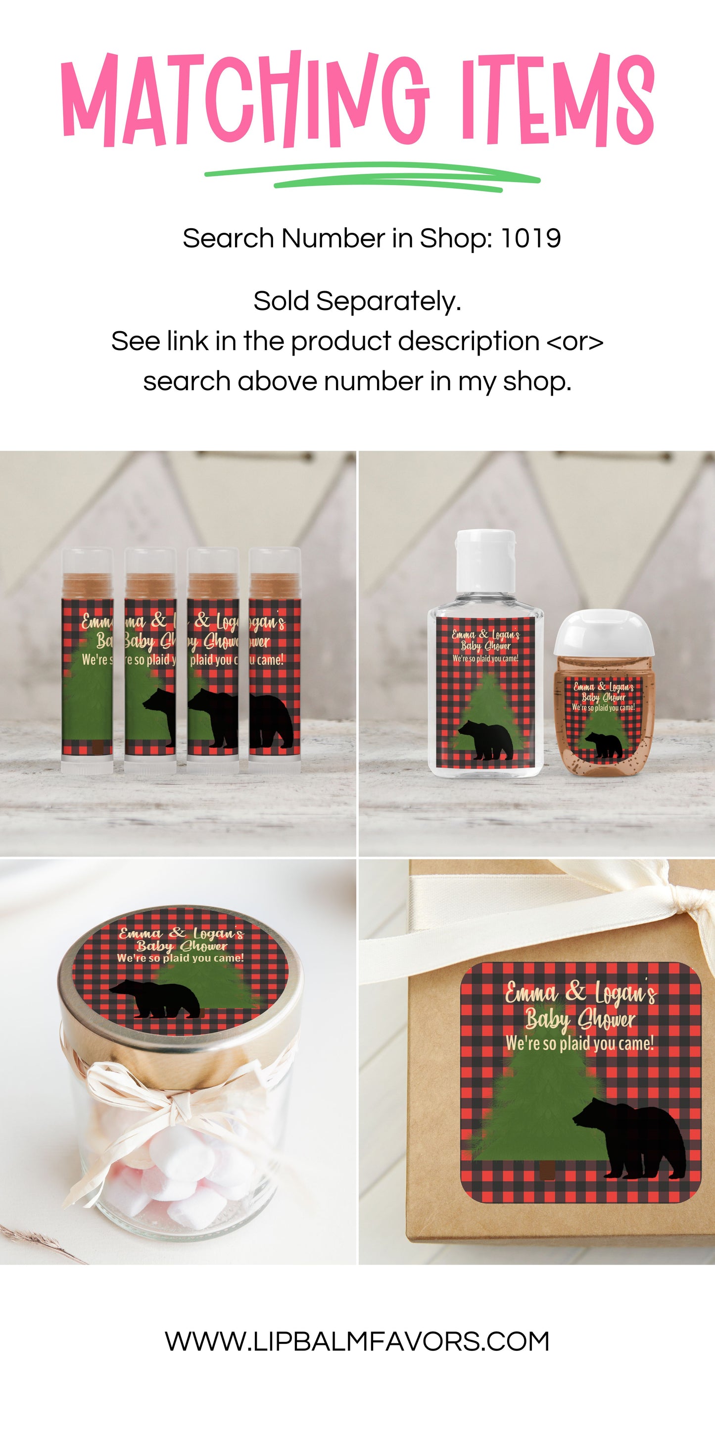 Rustic Baby Shower Favors Personalized PRINTED Lip Balm LABELS | Buffalo Plaid Theme | Bear Silhouette Baby Shower Favors Label [1019]