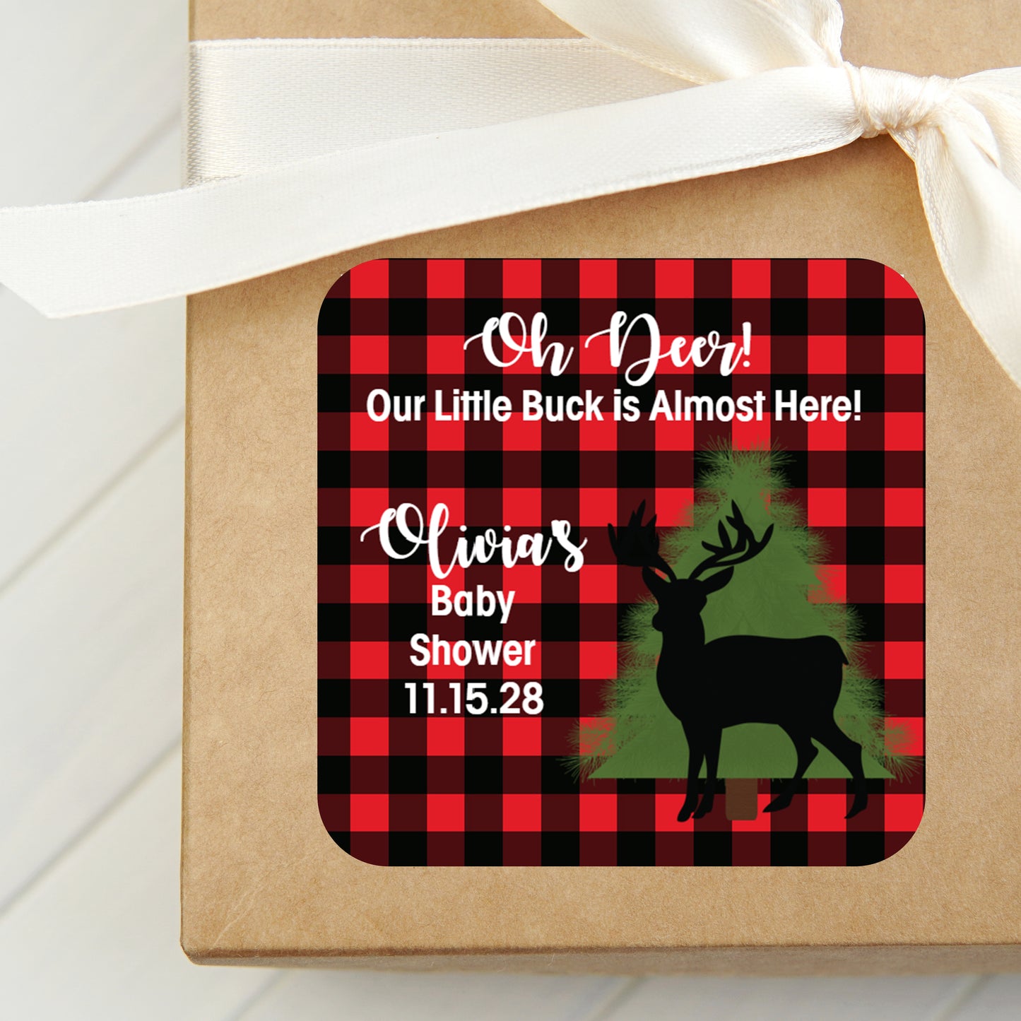 Oh Deer! Our Little Buck is Almost Here PRINTED 2" Square or Round Favor LABELS | Deer Silhouette | Buffalo Plaid Baby Shower Theme [1020]