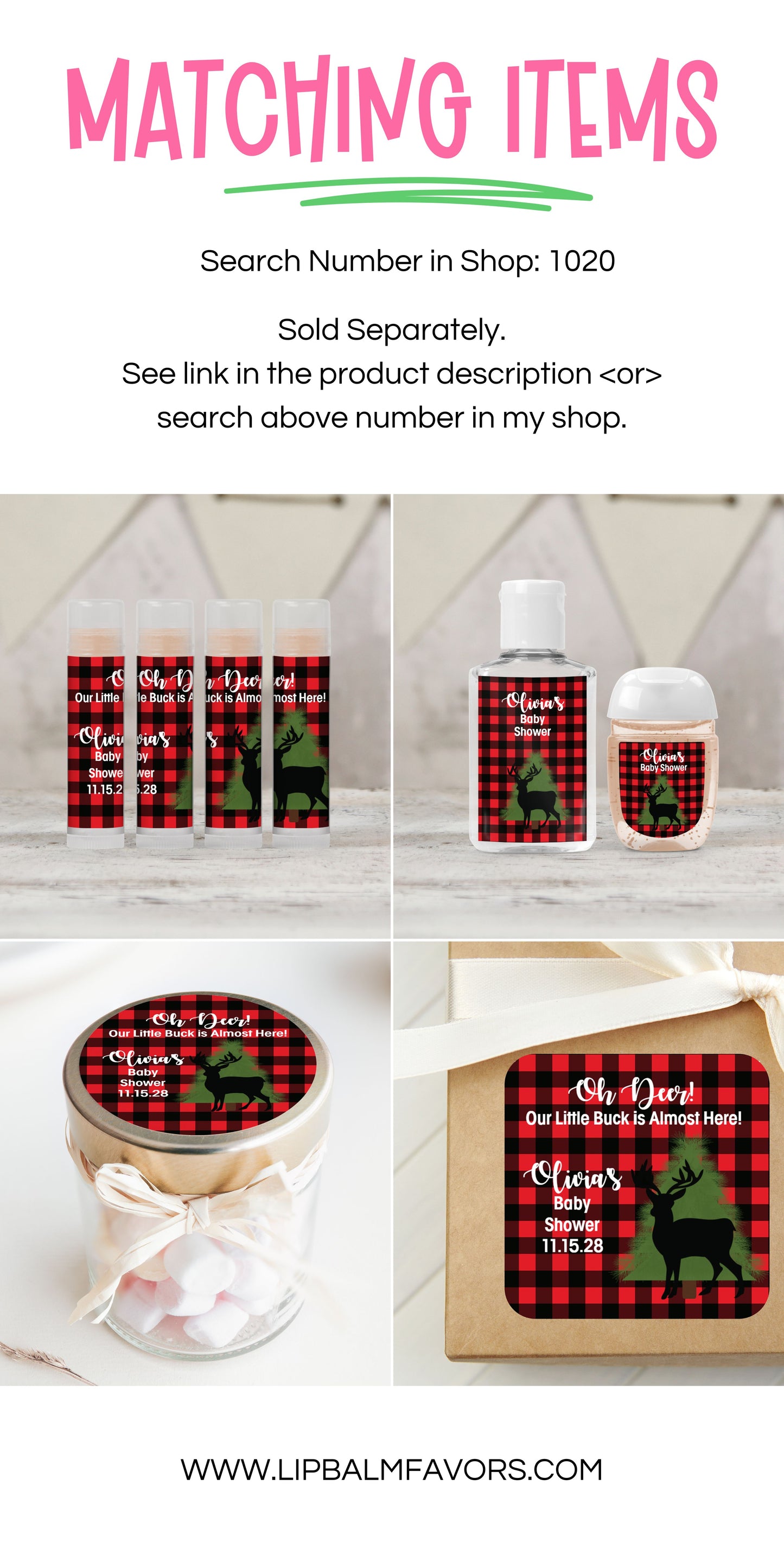 A Little Buck is on the Way Personalized PRINTED Lip Balm LABELS | Buffalo Plaid Theme | Deer Silhouette Baby Shower Favors Label [1020]