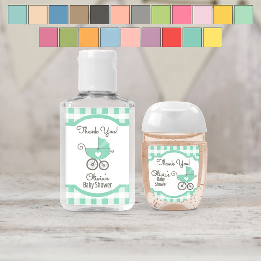 Baby Carriage PRINTED Hand Sanitizer LABELS | Classic Baby Shower | Gingham Baby Shower Theme | Boy or Girl Baby Shower Favor Labels [1023]