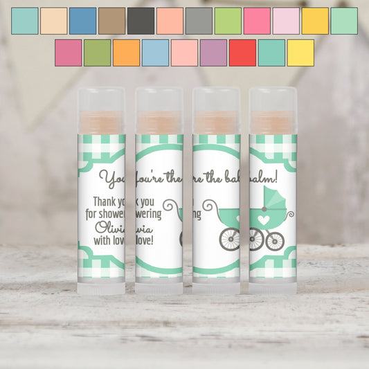 Baby Carriage Personalized PRINTED Lip Balm LABELS | Classic Baby Shower Theme | Gingham Baby Shower | Boy Girl Neutral Baby Shower [1023]