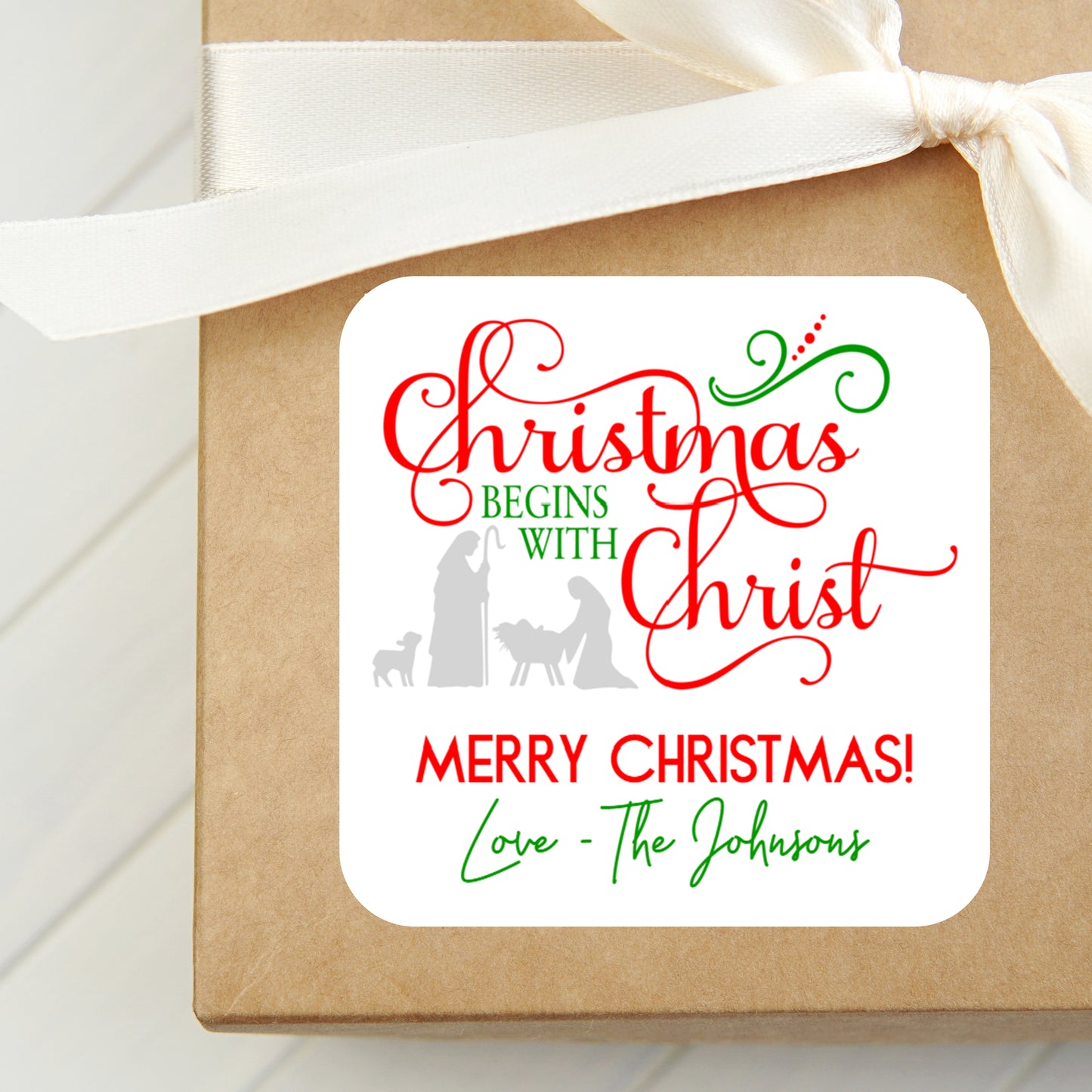 Christmas Begins with Christ PRINTED 2" Square or Round Party Favor LABELS | Christmas Party Supplies | Religious Christmas Sticker [1029]