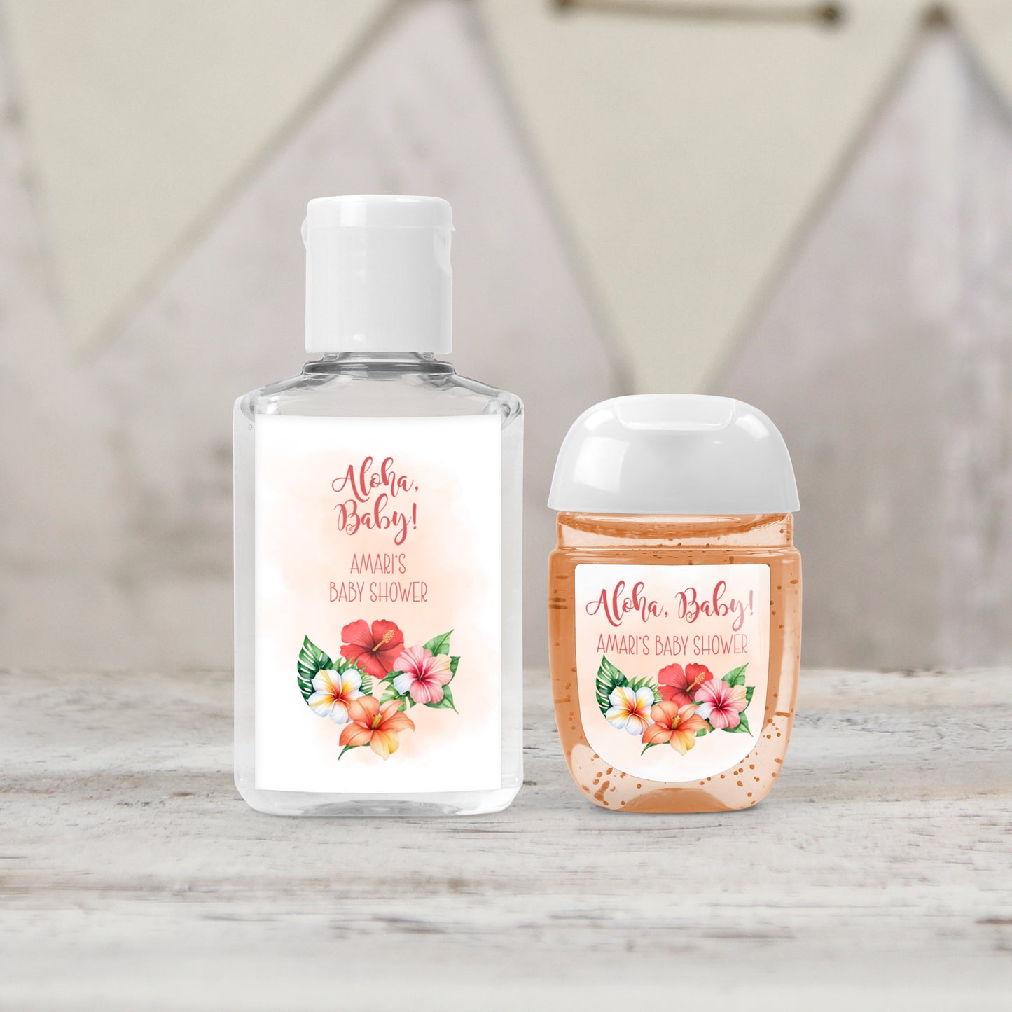 Printed Hand Sanitizer LABELS | Aloha Baby Shower Favors | Tropical Baby Shower | Hawaiian Luau Baby Shower | Hibiscus Floral [1047]