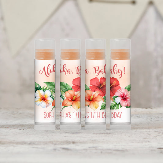 Printed Lip Balm LABELS | Aloha Baby Shower Favors | Tropical Baby Shower Favors | Hawaiian Luau Baby Shower | Hibiscus Floral Theme [1047]