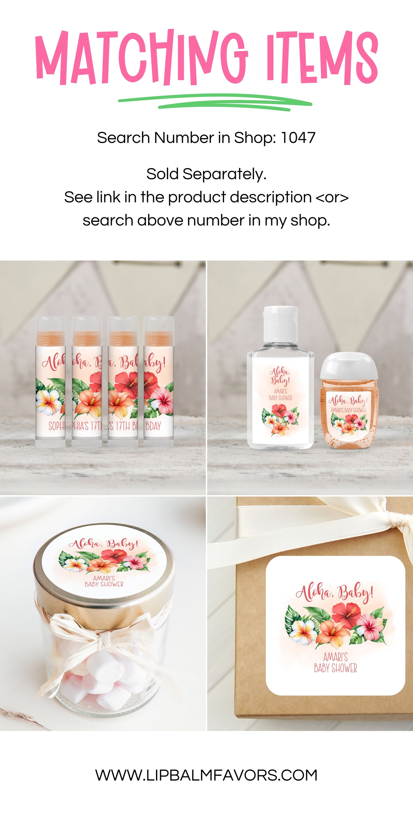 Printed Lip Balm LABELS | Aloha Baby Shower Favors | Tropical Baby Shower Favors | Hawaiian Luau Baby Shower | Hibiscus Floral Theme [1047]