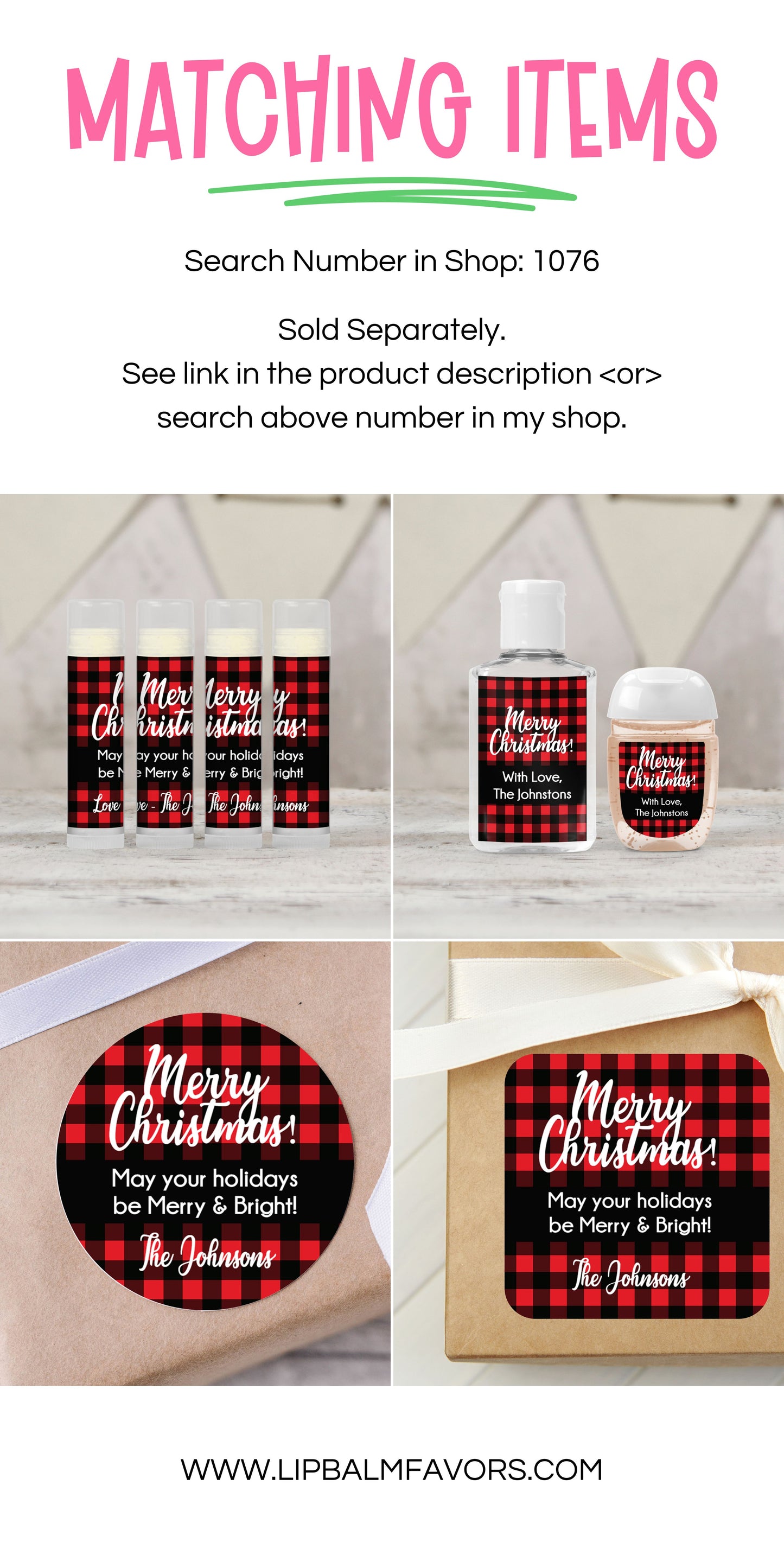 Merry Christmas Buffalo Plaid Christmas PRINTED 2" Square or Round Party Favor LABELS | Holiday Party Supplies Party Favor Sticker [1076]