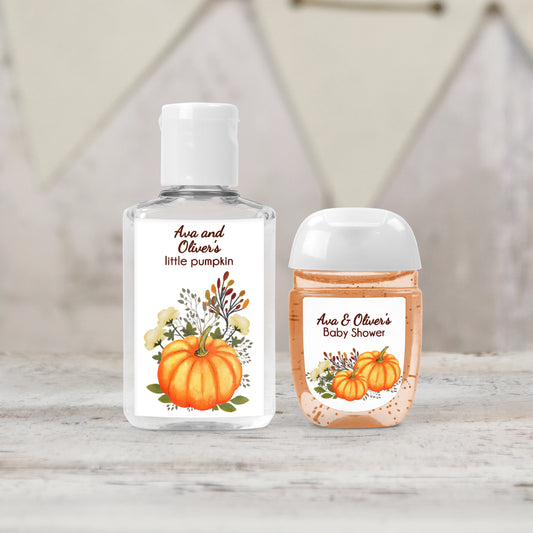 Pumpkin Party Favors Personalized PRINTED Hand Sanitizer LABELS | Fall Rustic Gender-Neutral Baby Shower & First Birthday Favor Label [1144]