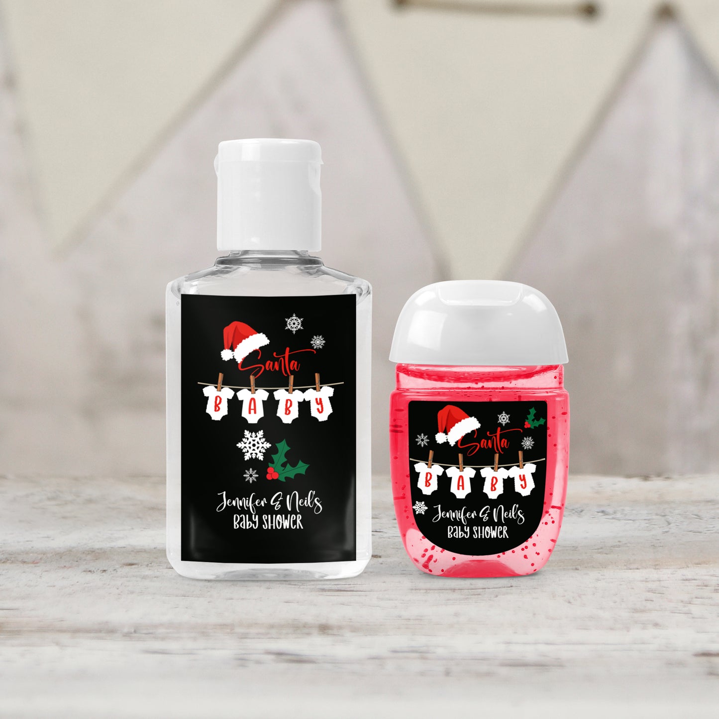 Santa Baby PRINTED Baby Shower Hand Sanitizer LABELS | Christmas Baby Shower Favors Hand Sanitizer Stickers | Onesie Baby Shower [1196]