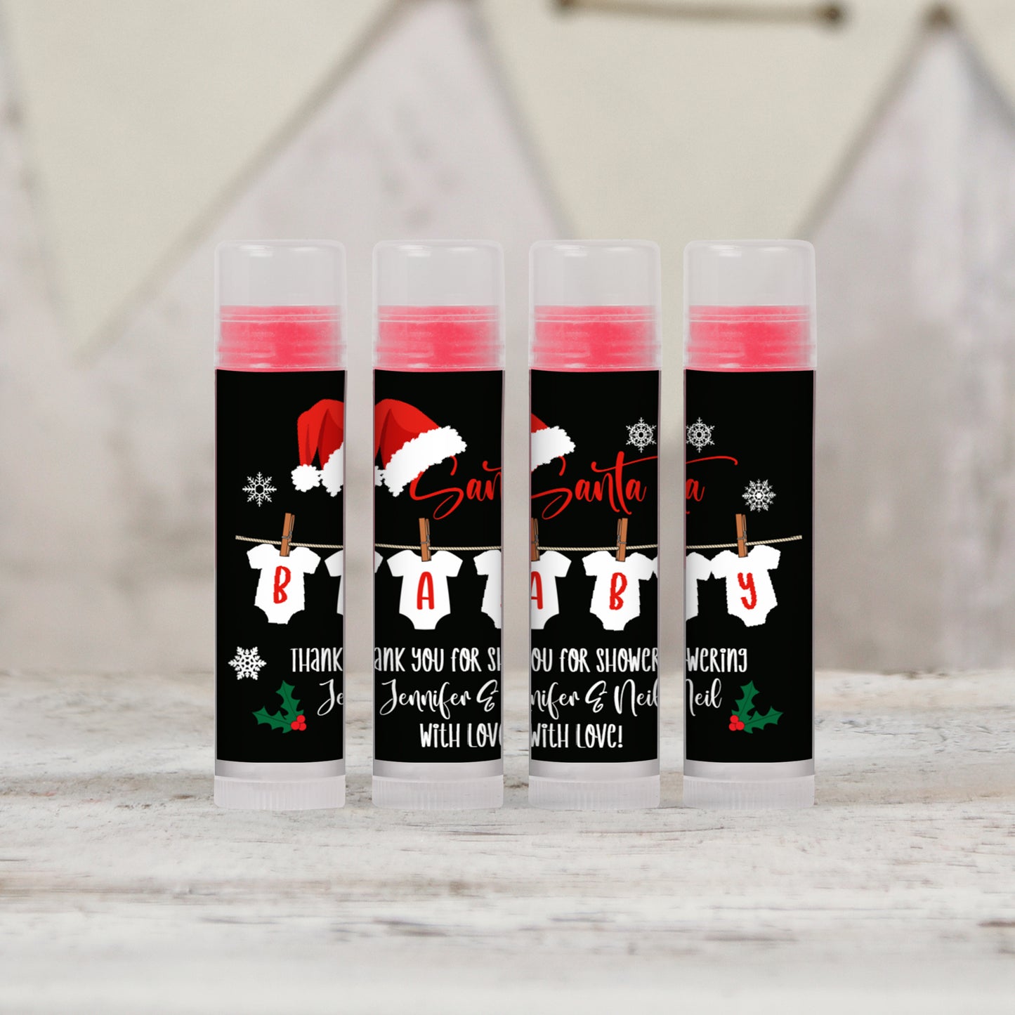 Santa Baby Personalized PRINTED Christmas Baby Shower Lip Balm Favors LABELS for Boy or Girl | Onesie Gender Reveal Baby Shower Favor [1196]