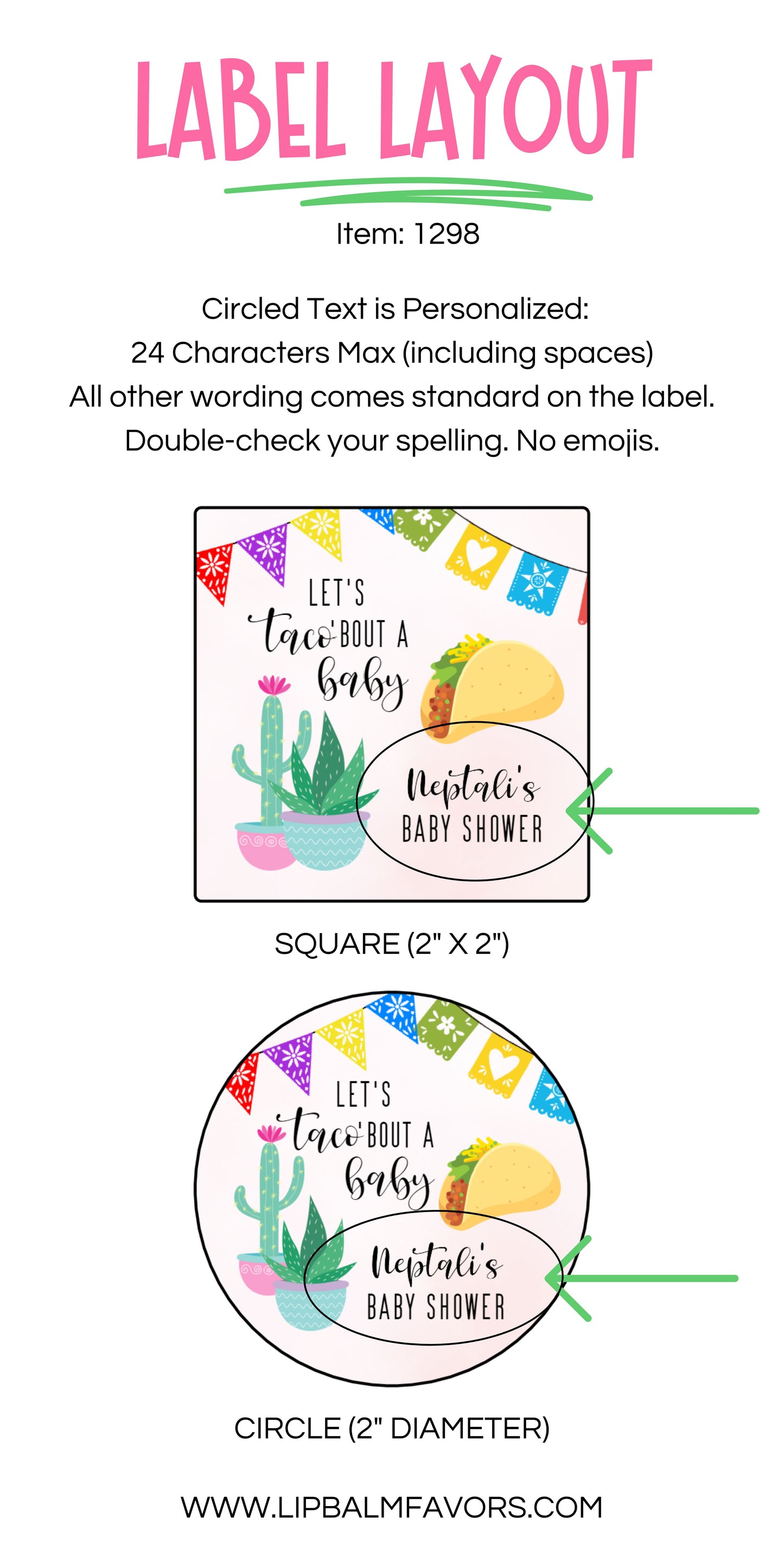 Taco Baby Shower Labels for Favors PRINTED 2" Square or Round Favor LABELS | Let's Taco Bout a Baby Girl Baby Shower Favor Stickers [1298]