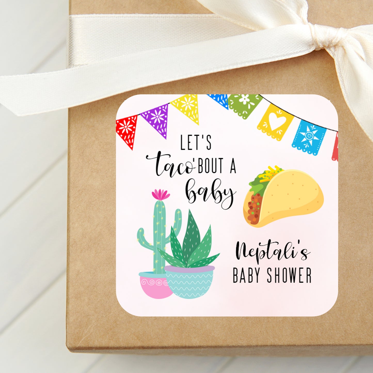 Taco Baby Shower Labels for Favors PRINTED 2" Square or Round Favor LABELS | Let's Taco Bout a Baby Girl Baby Shower Favor Stickers [1298]