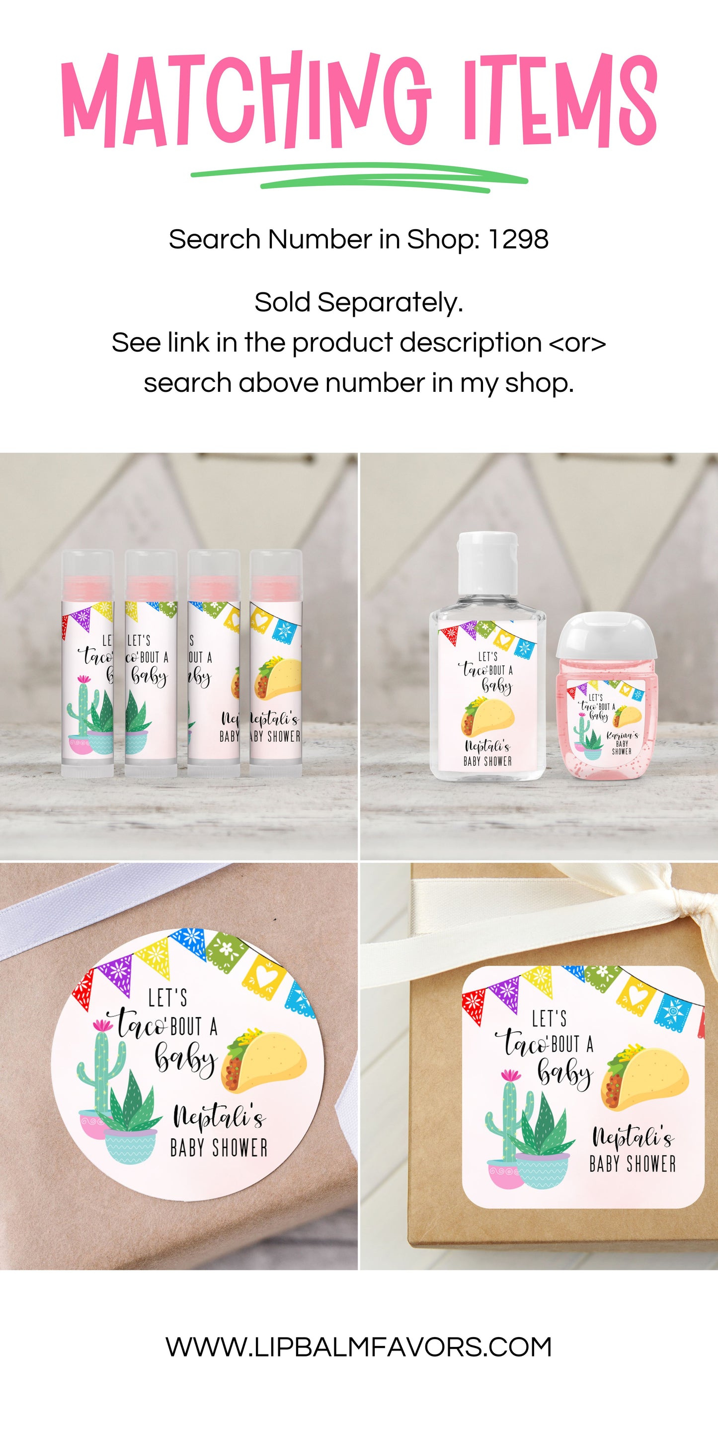 Taco Baby Shower Labels for Favors PRINTED 2" Square or Round Favor LABELS | Let's Taco Bout a Baby Girl Baby Shower Favor Stickers [1298]