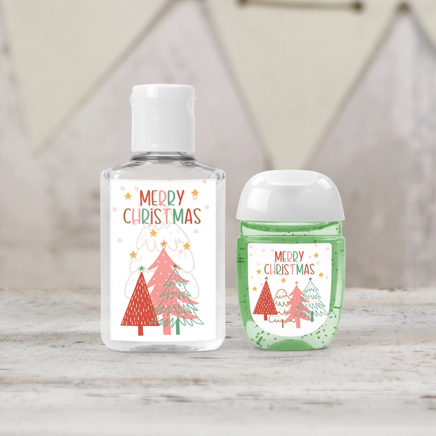 Christmas Party: Merry Christmas Pink Christmas Tree PRINTED Hand Sanitizer LABELS | Holiday Party & Stocking Stuffers Ideas. [1340]