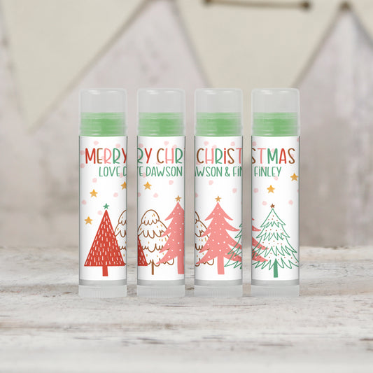 Christmas Party Favors: Personalized PRINTED Pink Christmas Tree Lip Balm LABELS | Holiday Party Favors | Stocking Stuffers Ideas [1340]