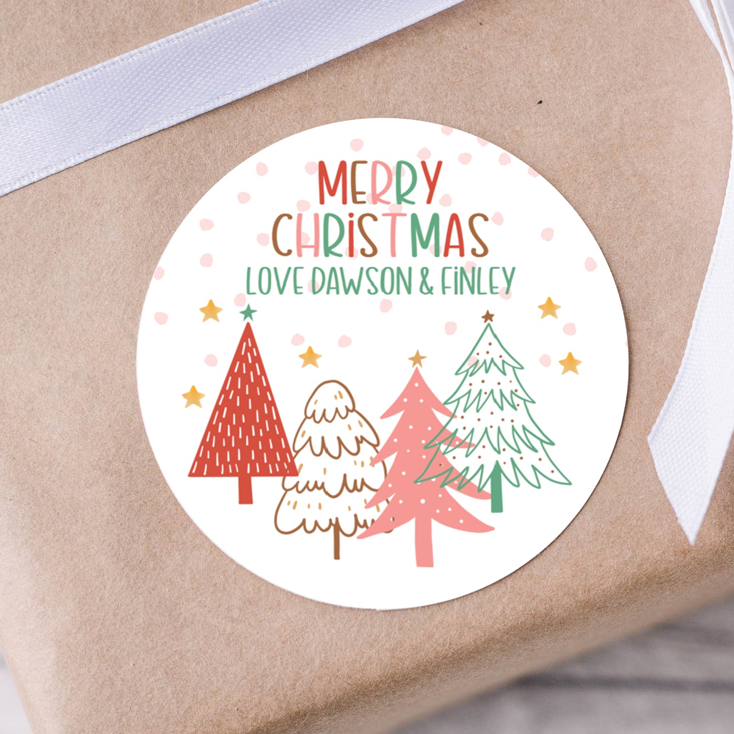 Pink Christmas Tree Merry Christmas or Happy Holidays PRINTED 2" Square or Round Party Favor LABELS | Holiday Party Supplies [1340]