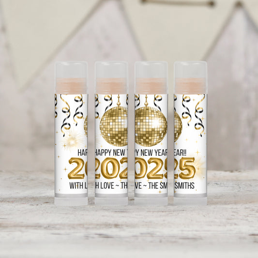 New Year's Eve Party Favors: Personalized PRINTED Happy New Year 2025 Lip Balm LABELS | Happy New Year Party Favor Stickers [1342]