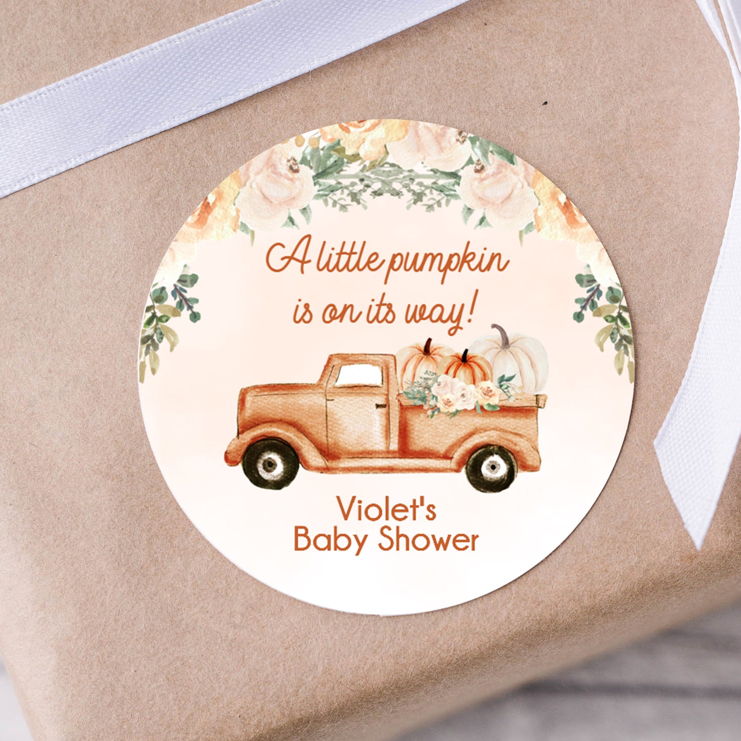 Pumpkin Truck Baby Shower PRINTED 2" Square or Round Favor LABELS | Fall Rustic Baby Shower Sticker for Boy or Girl | Little Pumpkin [1386]