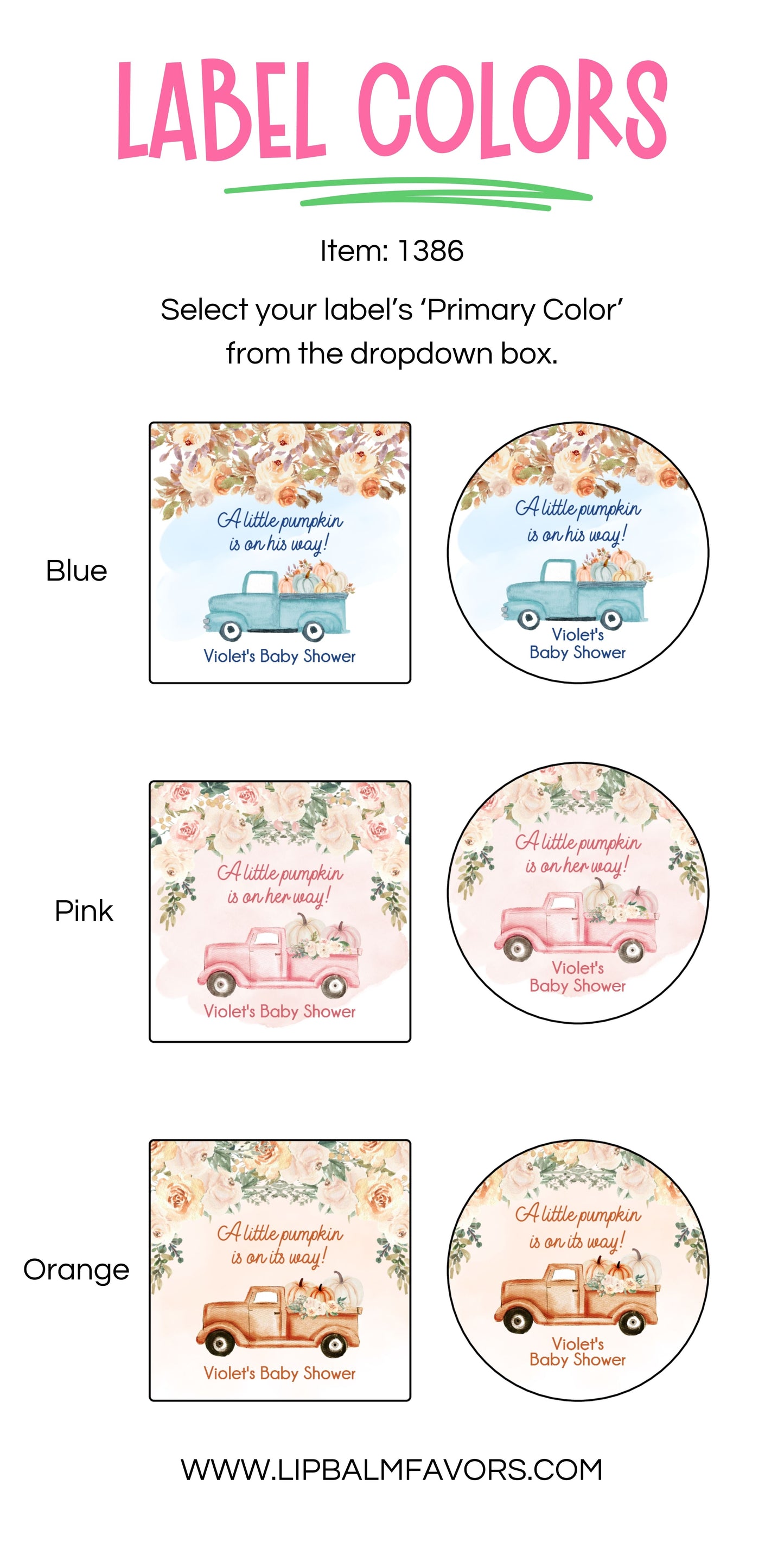 Pumpkin Truck Baby Shower PRINTED 2" Square or Round Favor LABELS | Fall Rustic Baby Shower Sticker for Boy or Girl | Little Pumpkin [1386]