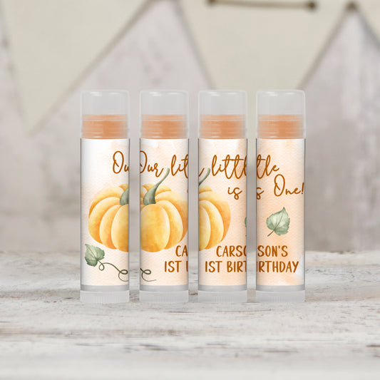 Our Little Pumpkin is One Personalized PRINTED Lip Balm LABELS | Fall 1st Birthday Party Favors Sticker | Pumpkin First Birthday [1388]