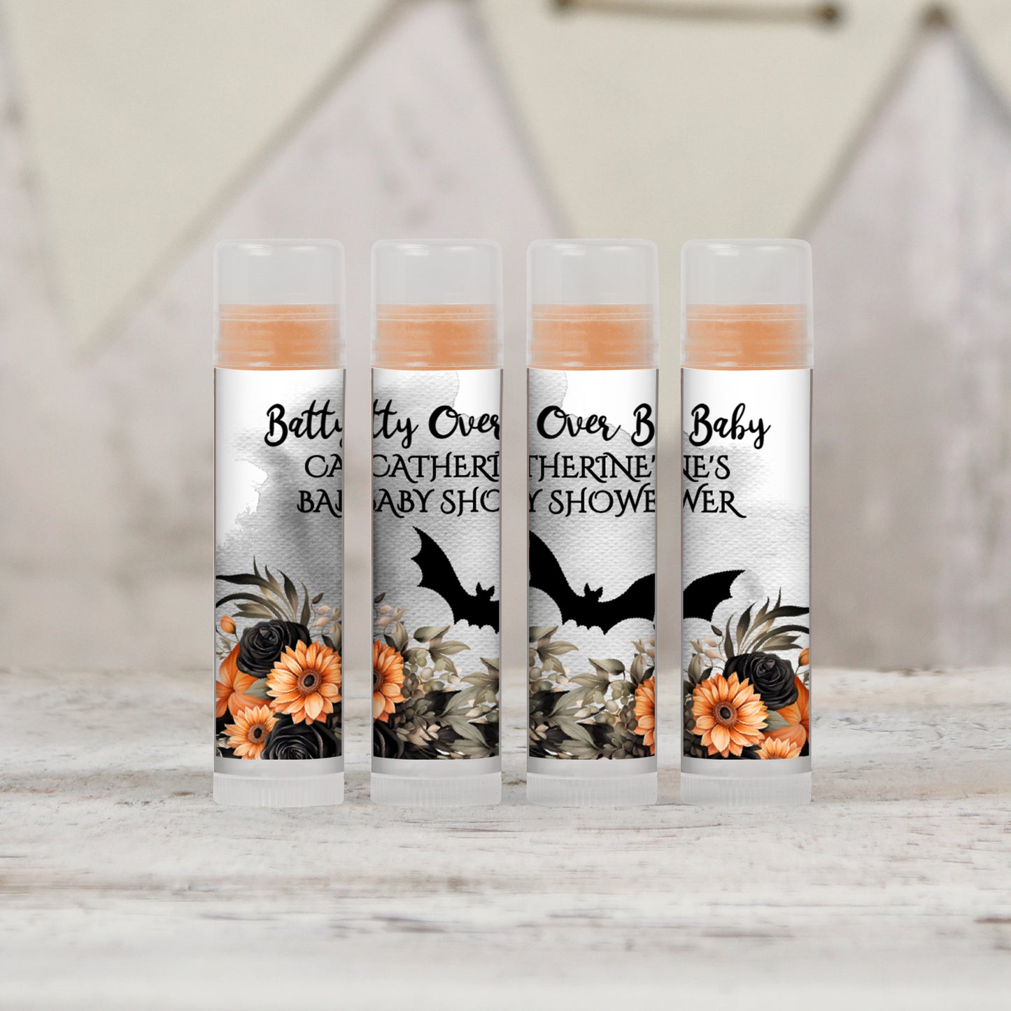 Batty Over Baby Personalized PRINTED Lip Balm LABELS | Halloween Baby Shower Favors Sticker | Spooky October Baby Baby Shower | [1426]