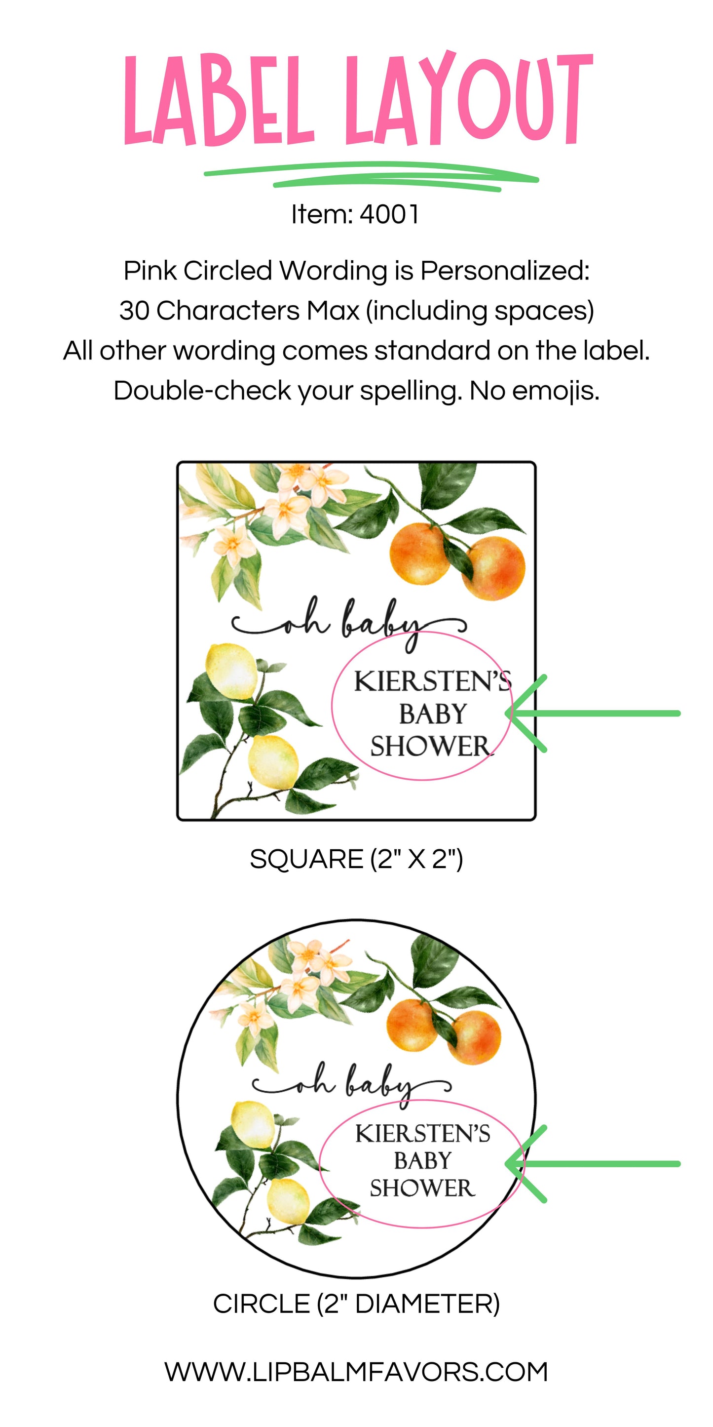 Citrus Baby Shower PRINTED 2" Square or Round Party Favor LABELS | Oh Baby Theme | Oranges and Lemon Baby Shower | Little Cutie [4001]