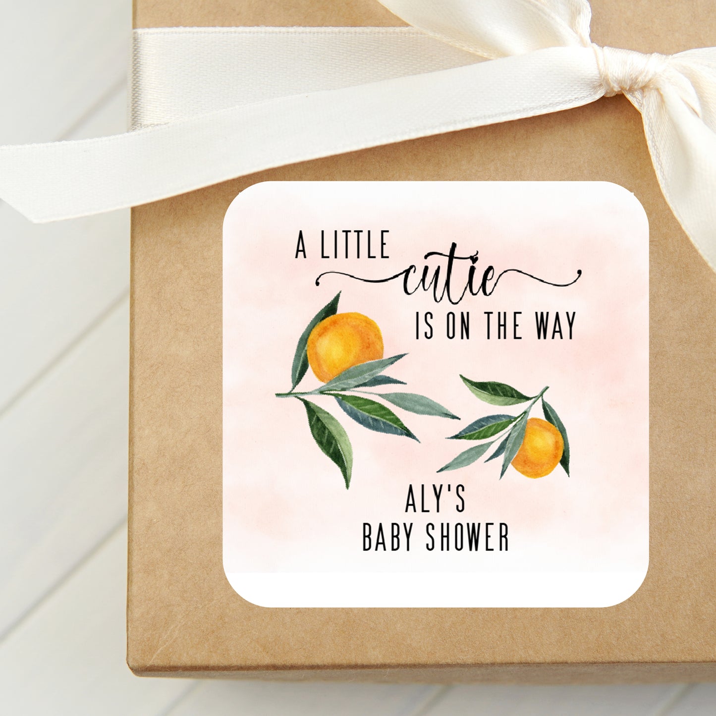 A Little Cutie is on the Way PRINTED 2" Square or Round Party Favor LABELS | Summer Baby Shower Label | Neutral Tangerine Theme [4002]