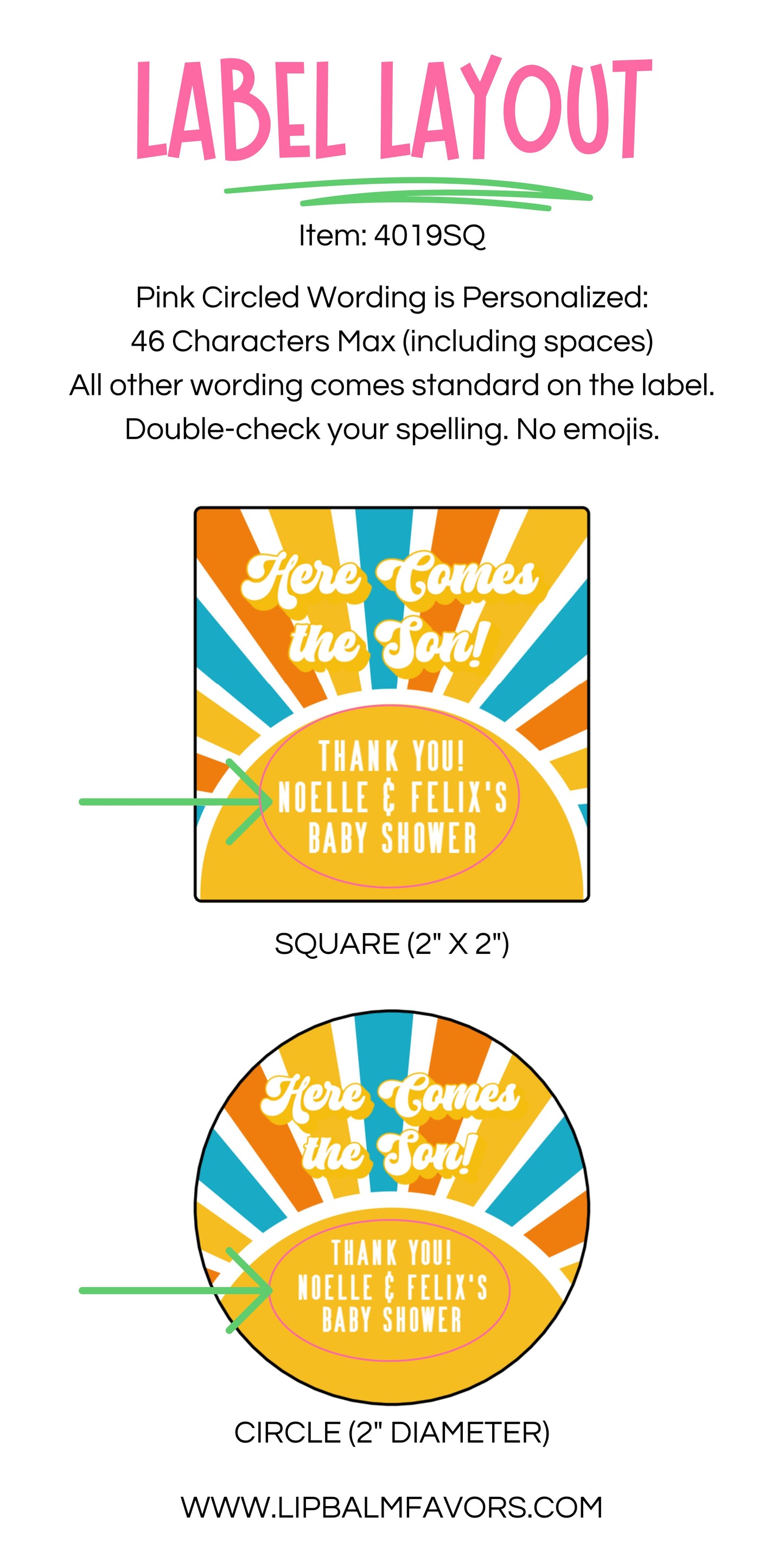 Here Comes the Son PRINTED 2" Square or Round Party Favor LABELS | Retro Sunburst Sunshine Boy Baby Shower Theme | Orange Blue Yellow [4019]