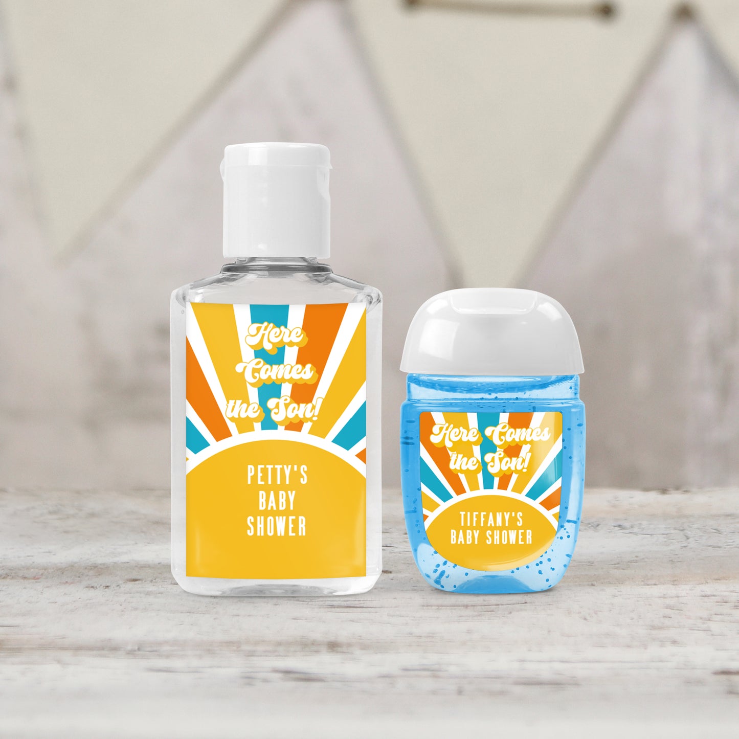 Here Comes the Son Baby Shower: Personalized PRINTED Hand Sanitizer LABELS for Retro Sunburst Sunshine Boy Baby Shower Theme [4019]