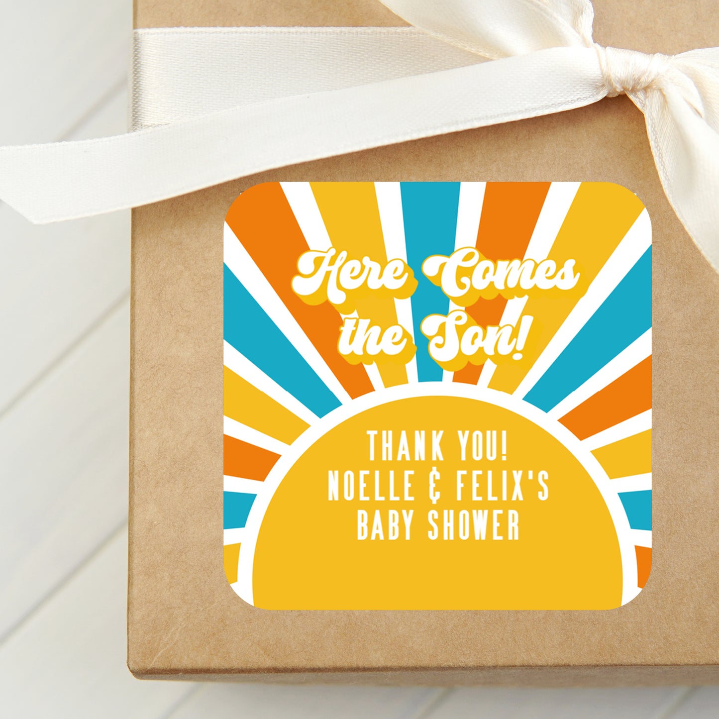 Here Comes the Son PRINTED 2" Square or Round Party Favor LABELS | Retro Sunburst Sunshine Boy Baby Shower Theme | Orange Blue Yellow [4019]