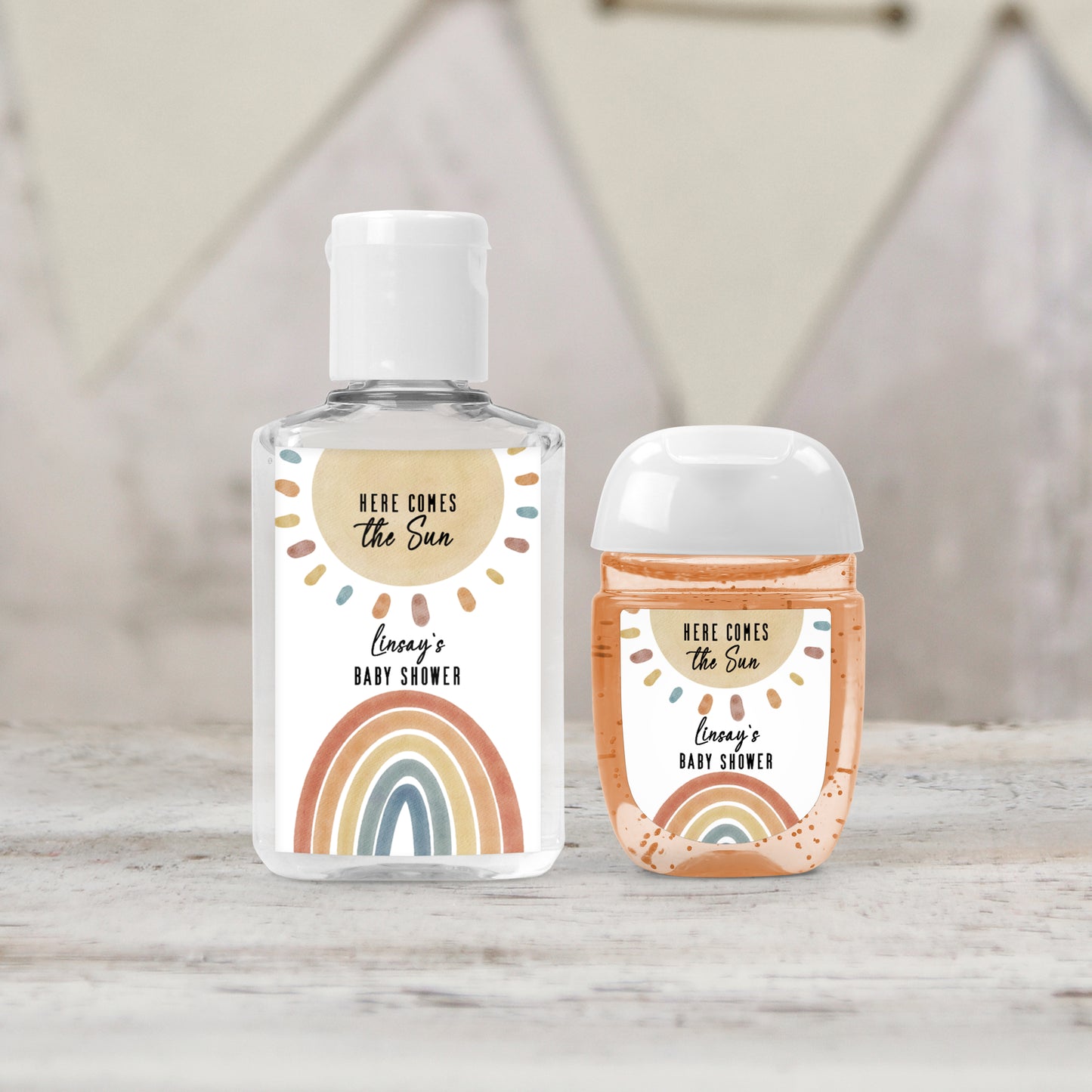 Here Comes the Sun Personalized PRINTED Hand Sanitizer LABELS| Boho Rainbow Sunshine | Here Comes the Son Baby Shower Favor Labels [4020]