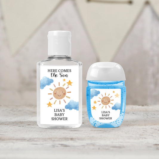 Here Comes the Son Personalized PRINTED Hand Sanitizer LABELS for Boy Baby Shower Favors | Sunshine Theme Baby Shower | Summer Shower [4021]