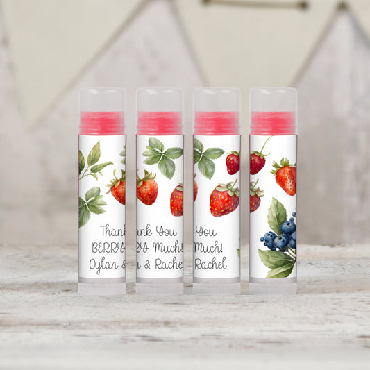 Personalized PRINTED Baby Shower Lip Balm LABELS for Strawberry Favors | Strawberry and Blueberry Birthday | Summer Party Supplies [4024]