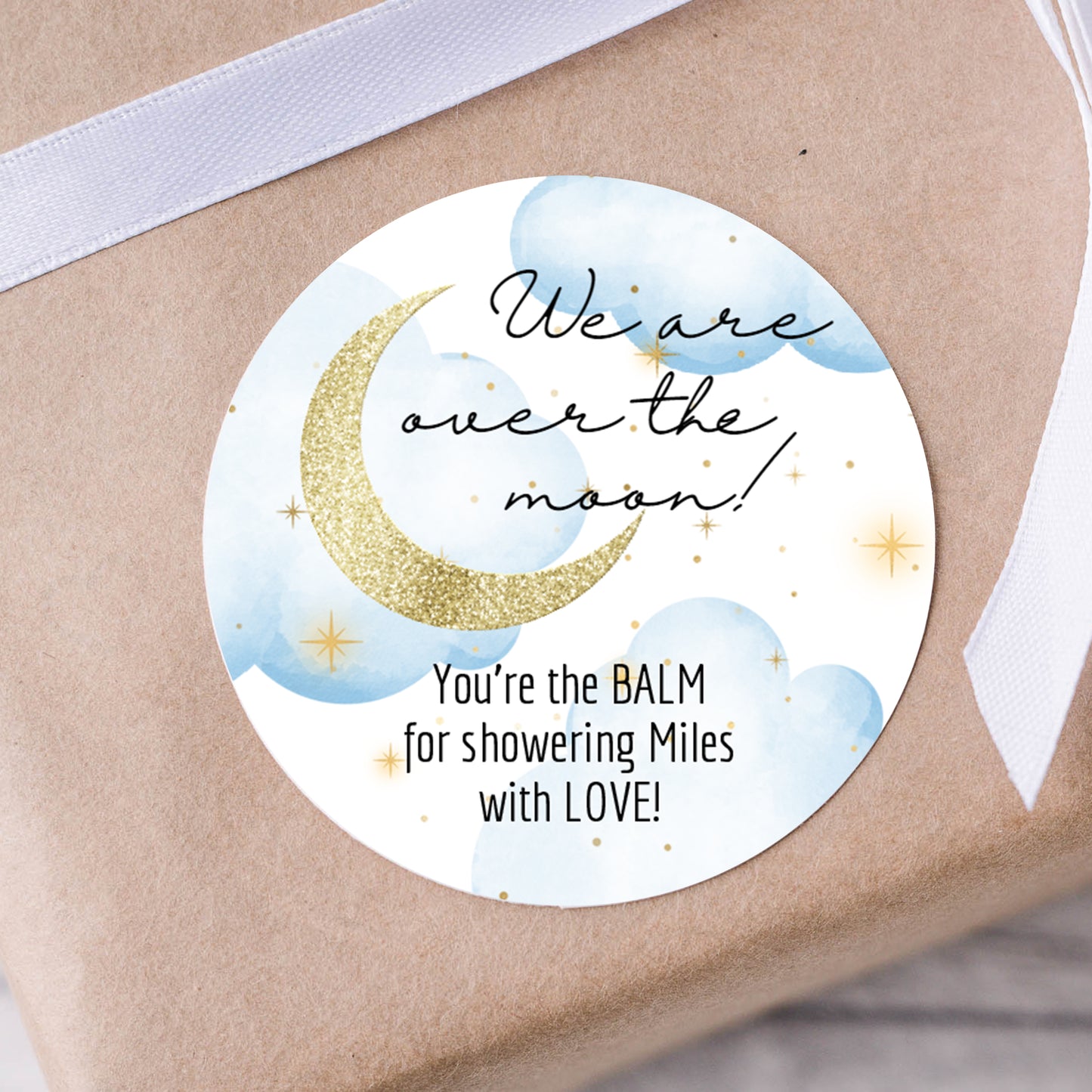 Over the Moon Baby Shower PRINTED 2" Square or Round Party Favor LABELS | Moon and Stars Baby Shower Stickers for Favors [4032]