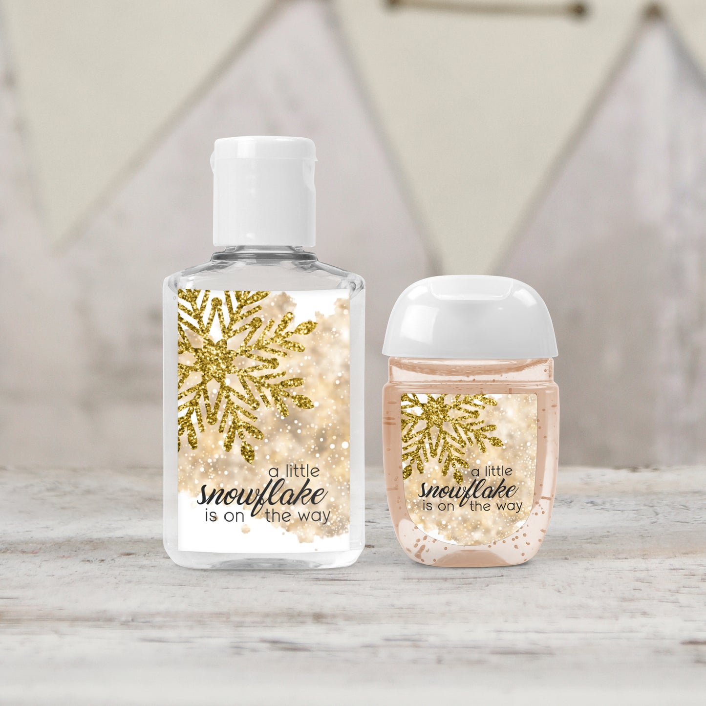 Gold Snowflake Baby Shower Favors PRINTED Hand Sanitizer LABELS| Winter Baby Shower Favor Sticker | A Little Snowflake is on the Way [4069]