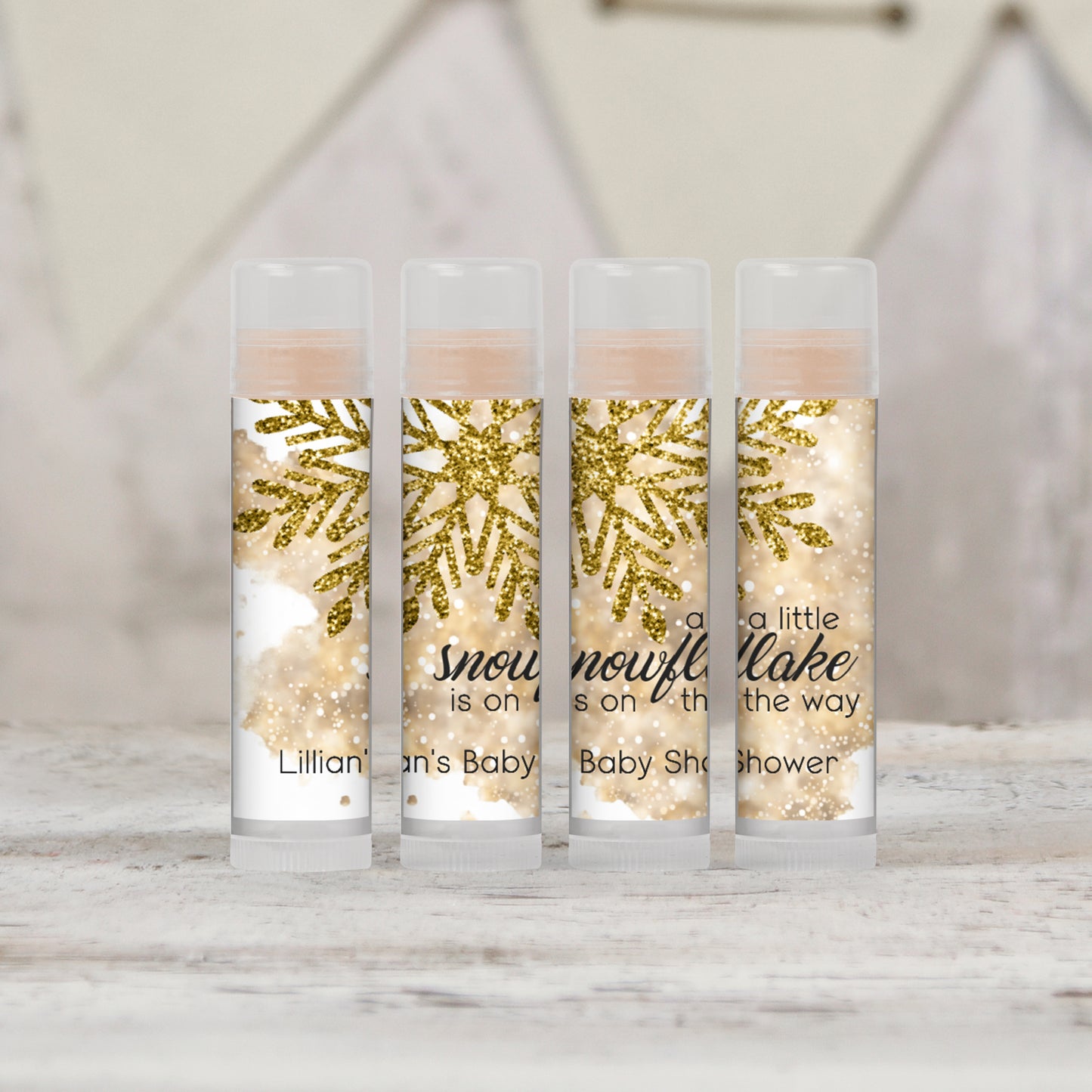 Gold Snowflake Baby Shower Personalized PRINTED Lip Balm LABELS | A Little Snowflake is on the Way | Gold Winter Theme Baby Shower [4069]