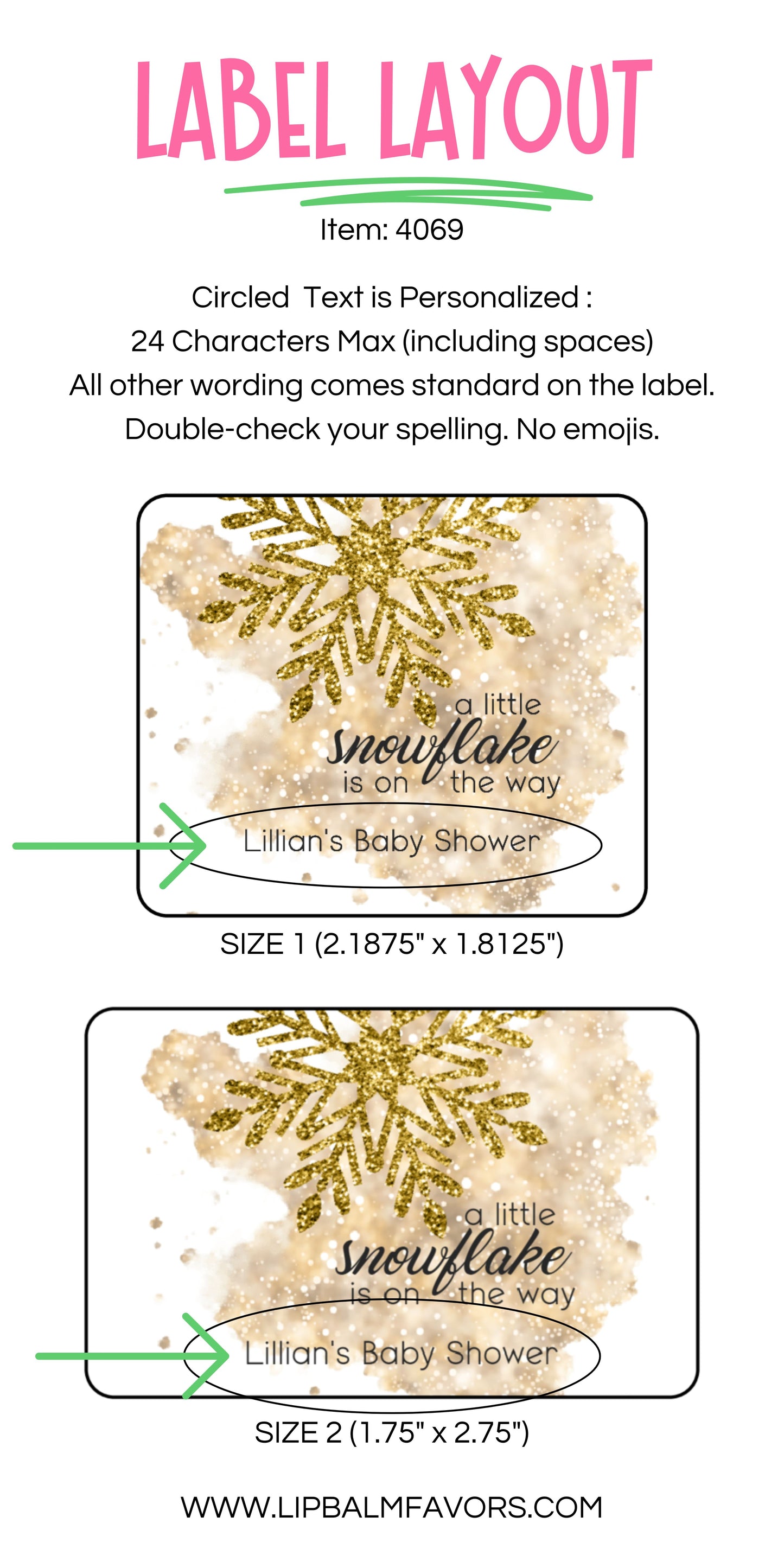 Gold Snowflake Baby Shower Personalized PRINTED Lip Balm LABELS | A Little Snowflake is on the Way | Gold Winter Theme Baby Shower [4069]