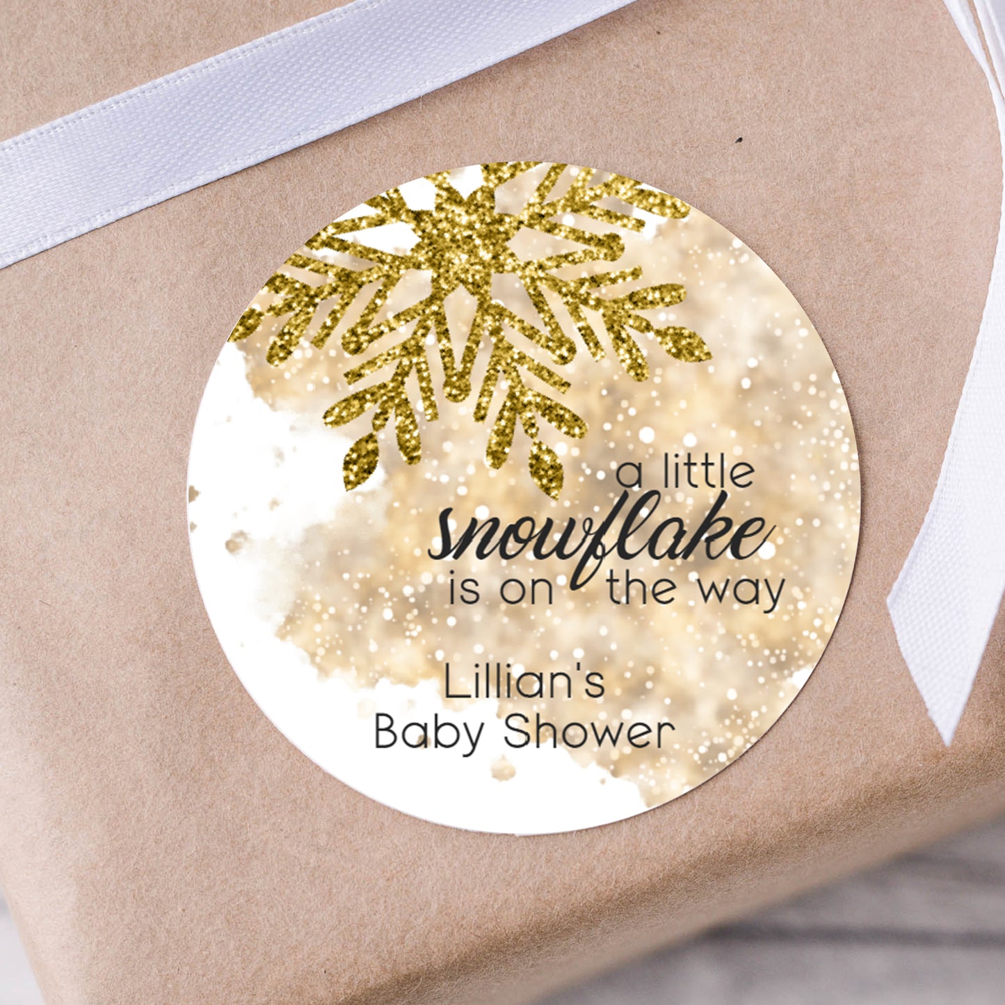 Gold Snowflake Baby Shower PRINTED 2" Square or Round Favor LABELS | Winter Baby Shower | Winter Wonderland Baby Shower Stickers [4069]