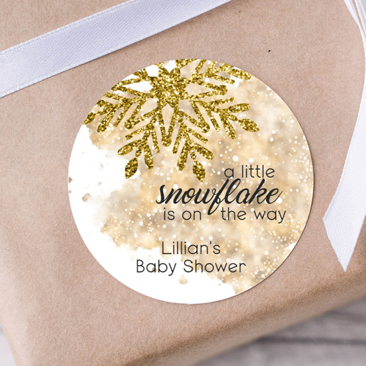 Gold Snowflake Baby Shower PRINTED 2" Square or Round Favor LABELS | Winter Baby Shower | Winter Wonderland Baby Shower Stickers [4069]