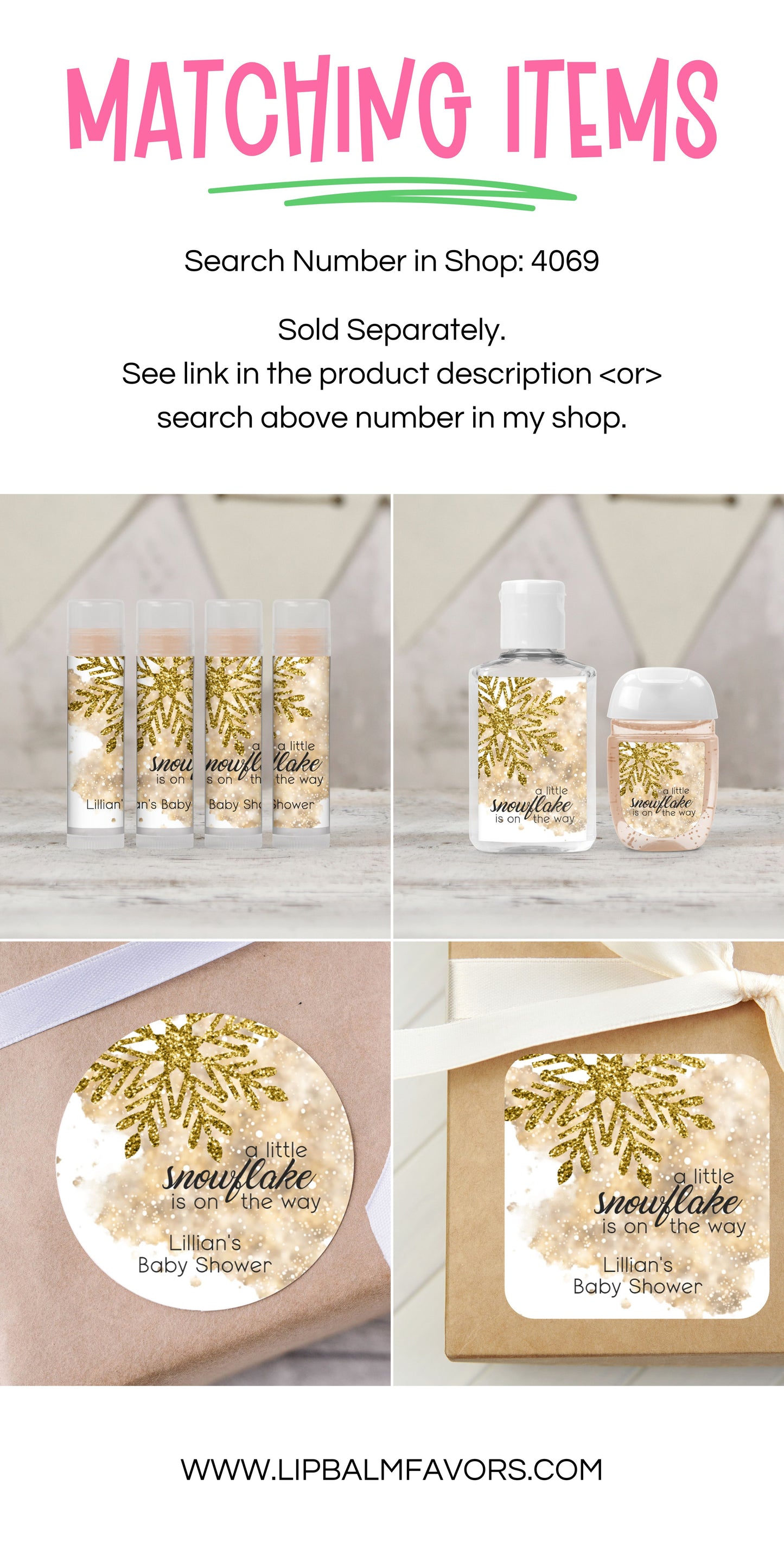 Gold Snowflake Baby Shower Personalized PRINTED Lip Balm LABELS | A Little Snowflake is on the Way | Gold Winter Theme Baby Shower [4069]