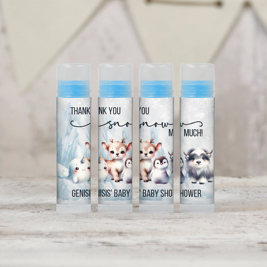 Winter Animals Baby Shower Favors Personalized PRINTED Lip Balm LABELS | Winter Animals Birthday | Reindeer, Narwhale, Penguin [4100]