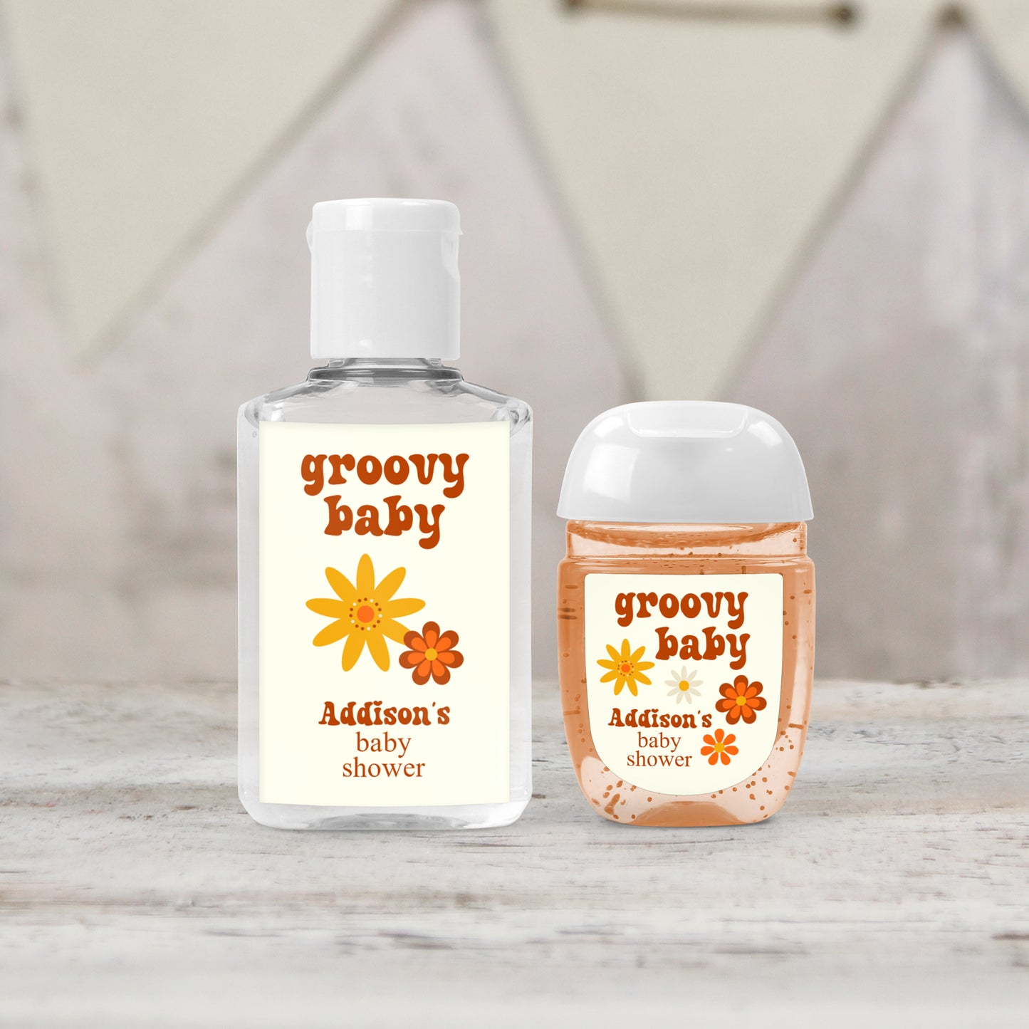 Groovy Baby Shower Favors Personalized PRINTED Retro Hand Sanitizer LABELS | 70s Theme, Nostalgic Stickers for Retro Baby Shower [4133]