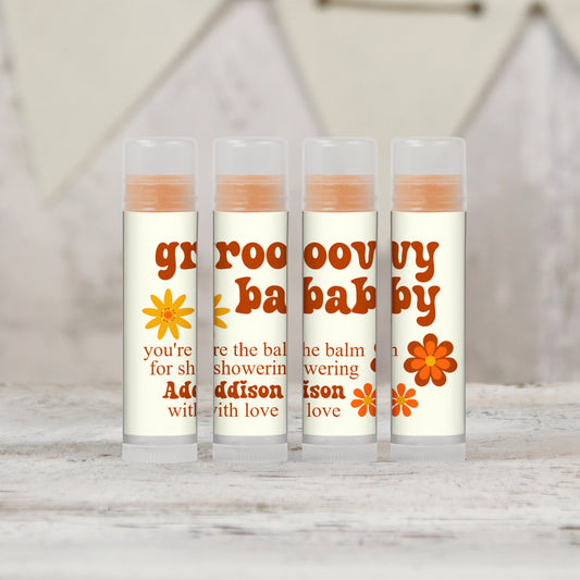 Groovy Baby Shower Favors: Personalized PRINTED Retro Baby Shower Lip Balm Favors LABELS | 70s Nostalgic Baby Shower Favor Ideas [4133]