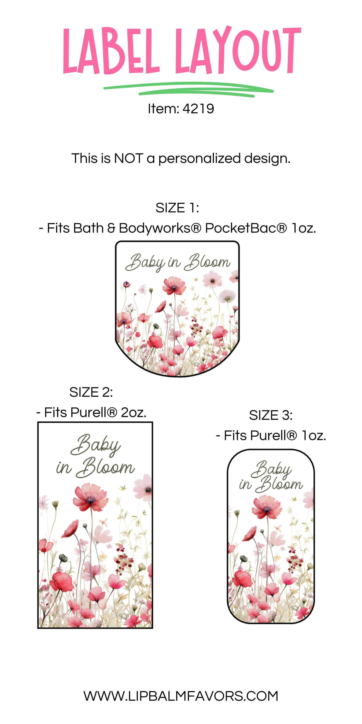 Baby in Bloom Favors PRINTED Hand Sanitizer LABELS | Spring Baby Shower for Girl | Pink Floral Baby Shower Favor Stickers [4219]