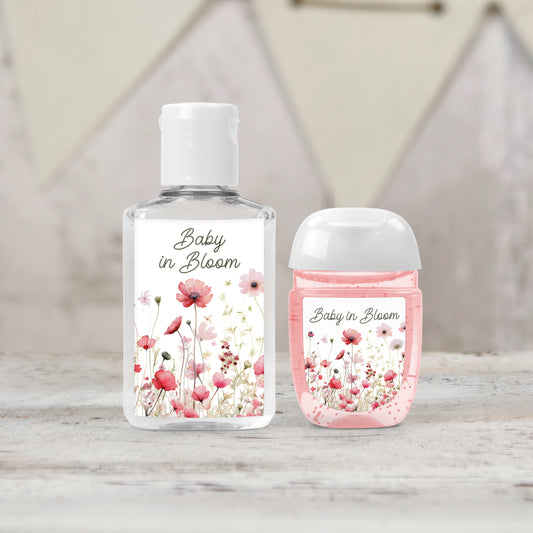 Baby in Bloom Favors PRINTED Hand Sanitizer LABELS | Spring Baby Shower for Girl | Pink Floral Baby Shower Favor Stickers [4219]