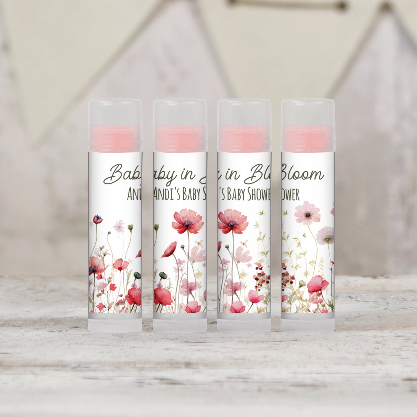 Baby in Bloom Baby Shower Personalized PRINTED Lip Balm LABELS | Pink Floral Baby Shower Favors Sticker for Chapstick | Spring Theme [4219]