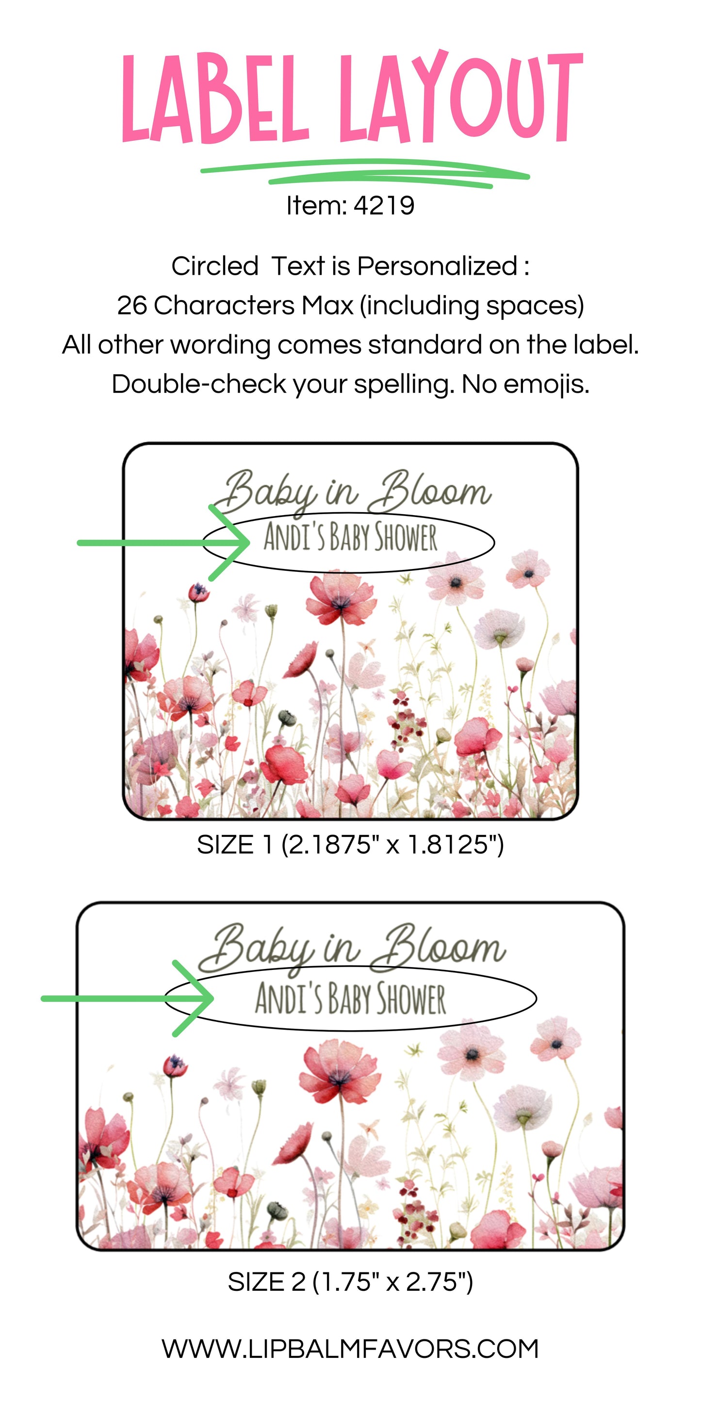 Baby in Bloom Baby Shower Personalized PRINTED Lip Balm LABELS | Pink Floral Baby Shower Favors Sticker for Chapstick | Spring Theme [4219]